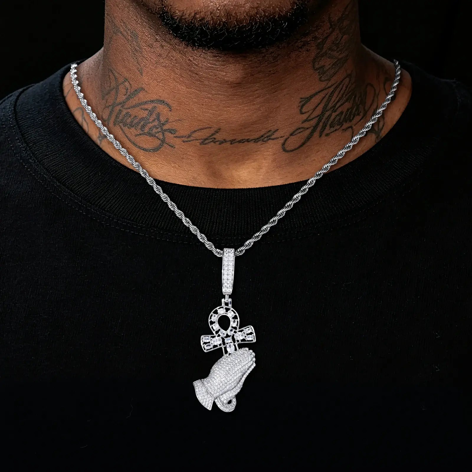 S925 Moissanite Pray Hand and Ankh Cross Pendant