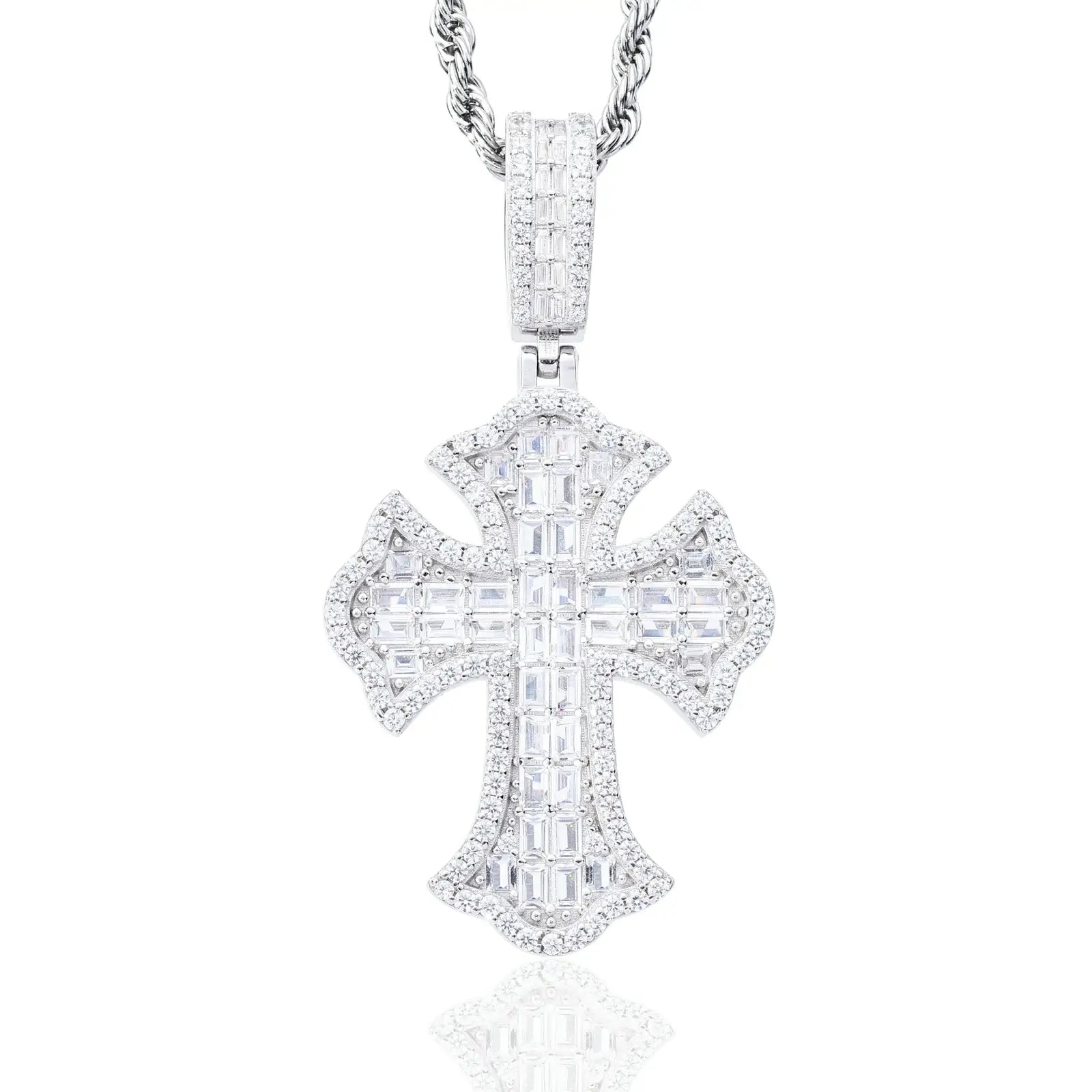S925 Baguette Moissanite Iris Cross Pendant