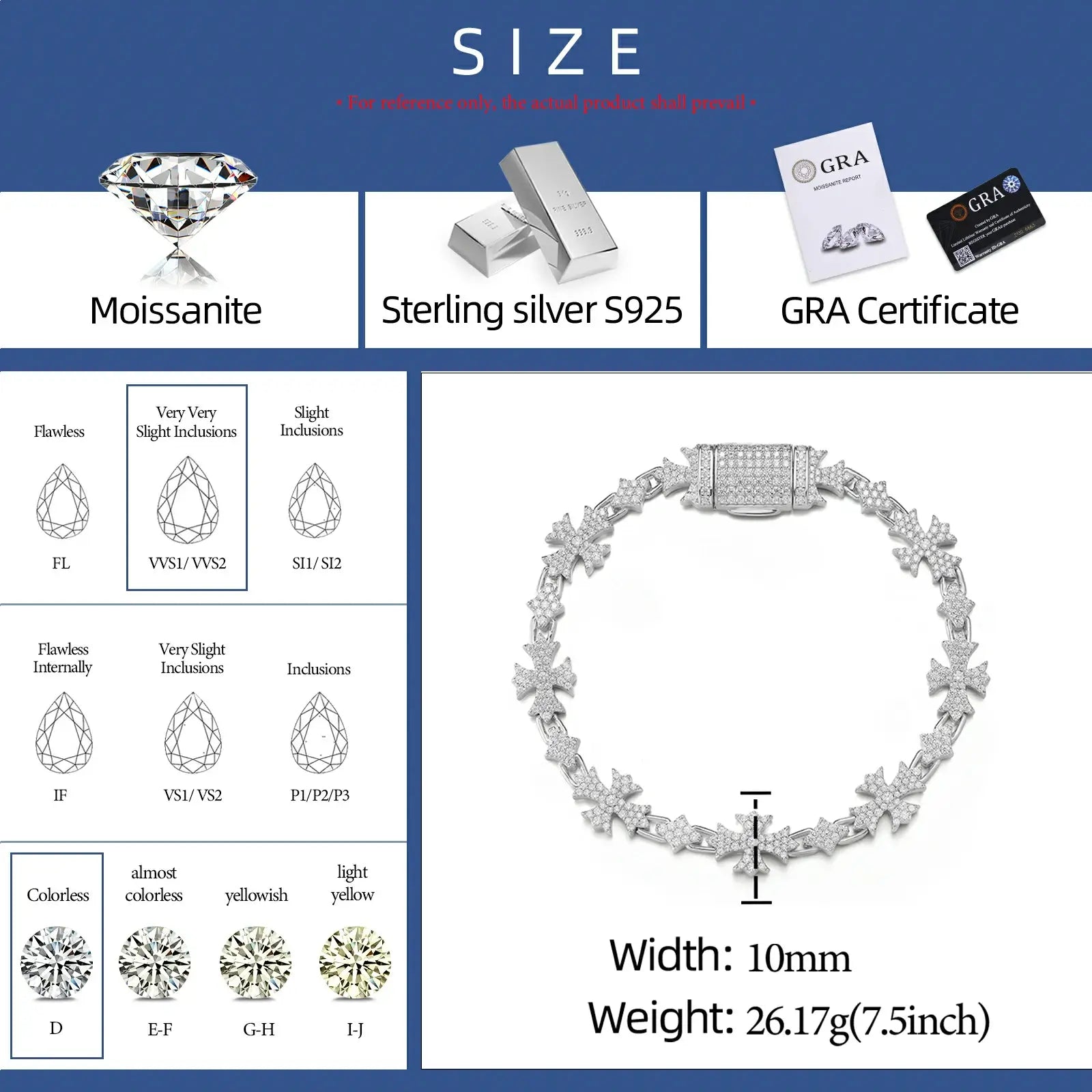 10mm S925 Moissanite Chrome Heart Cross Star Link Bracelet