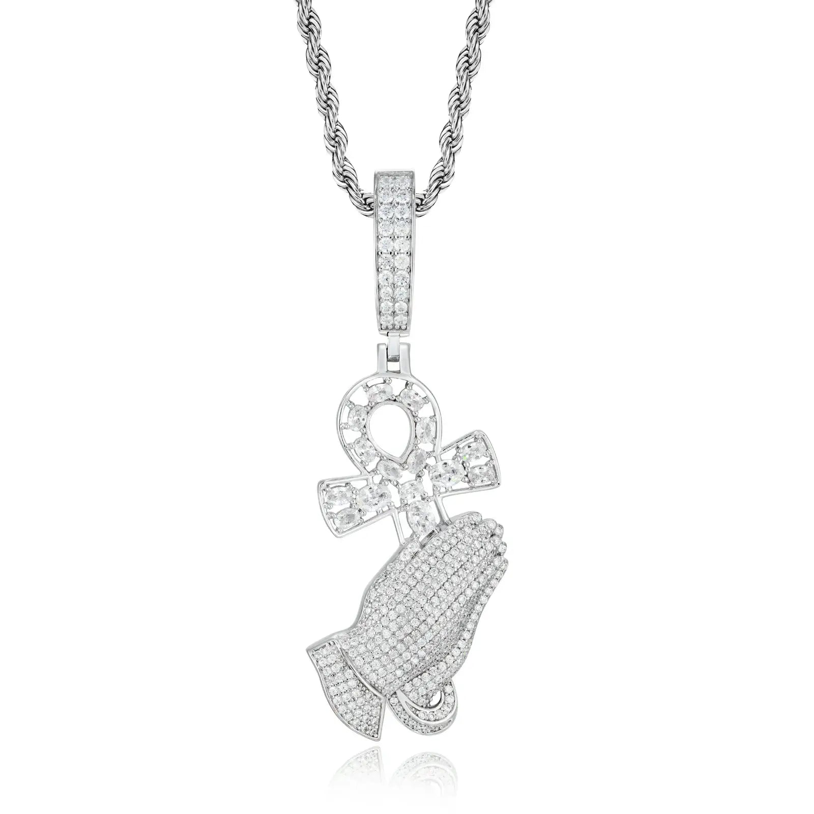 S925 Moissanite Pray Hand and Ankh Cross Pendant
