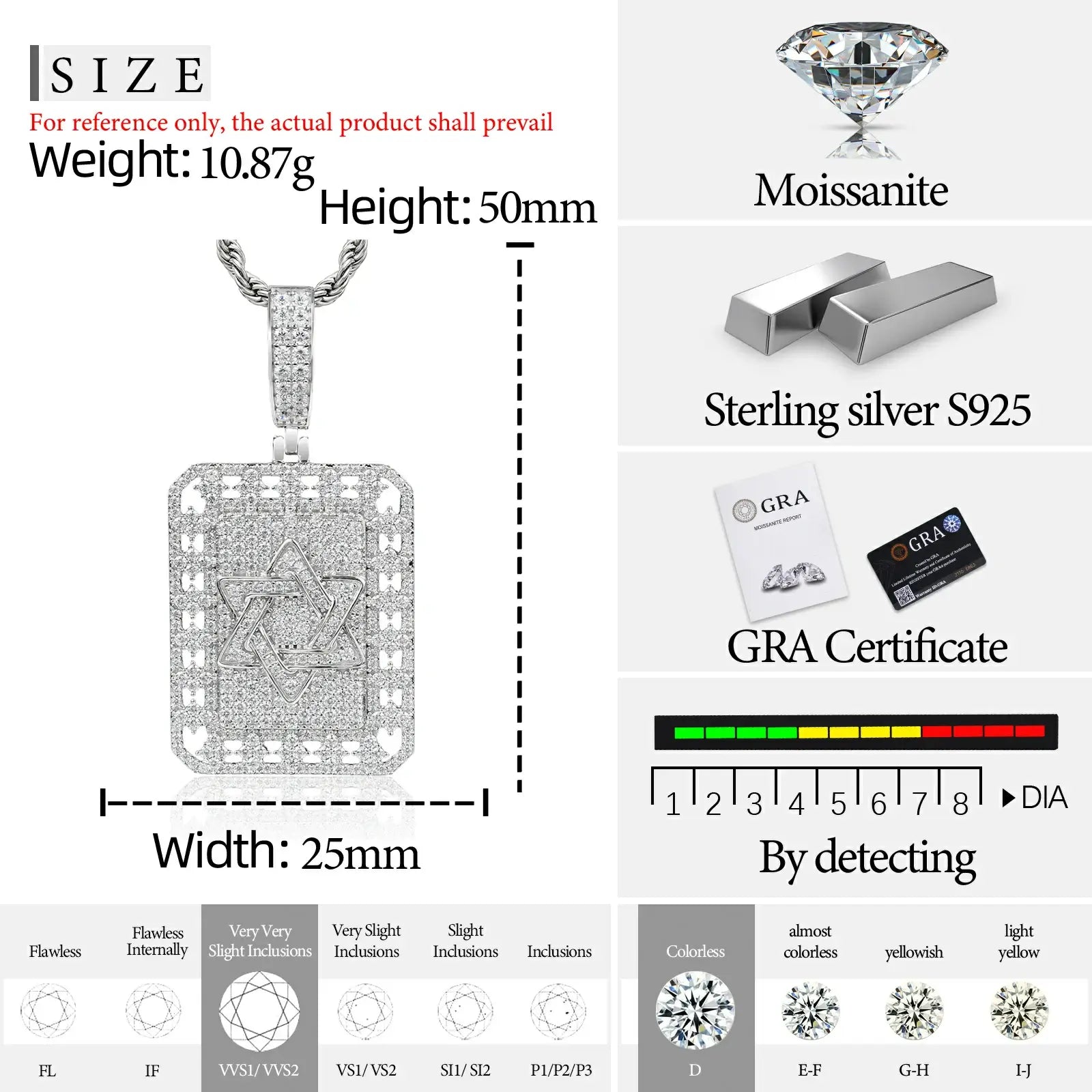 S925 Moissanite Star of David Dog Tag Pendant