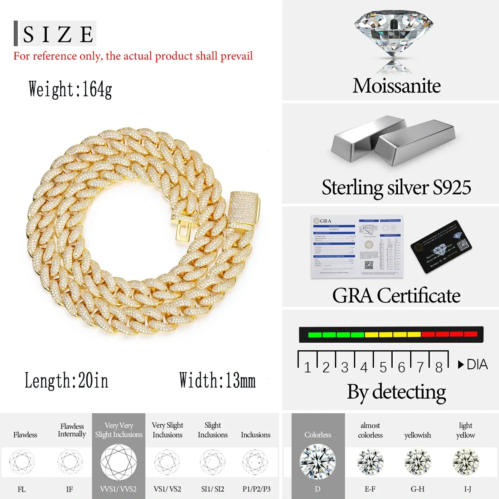 13mm S925 3 Rows Moissanite Curb Cuban Link Chain