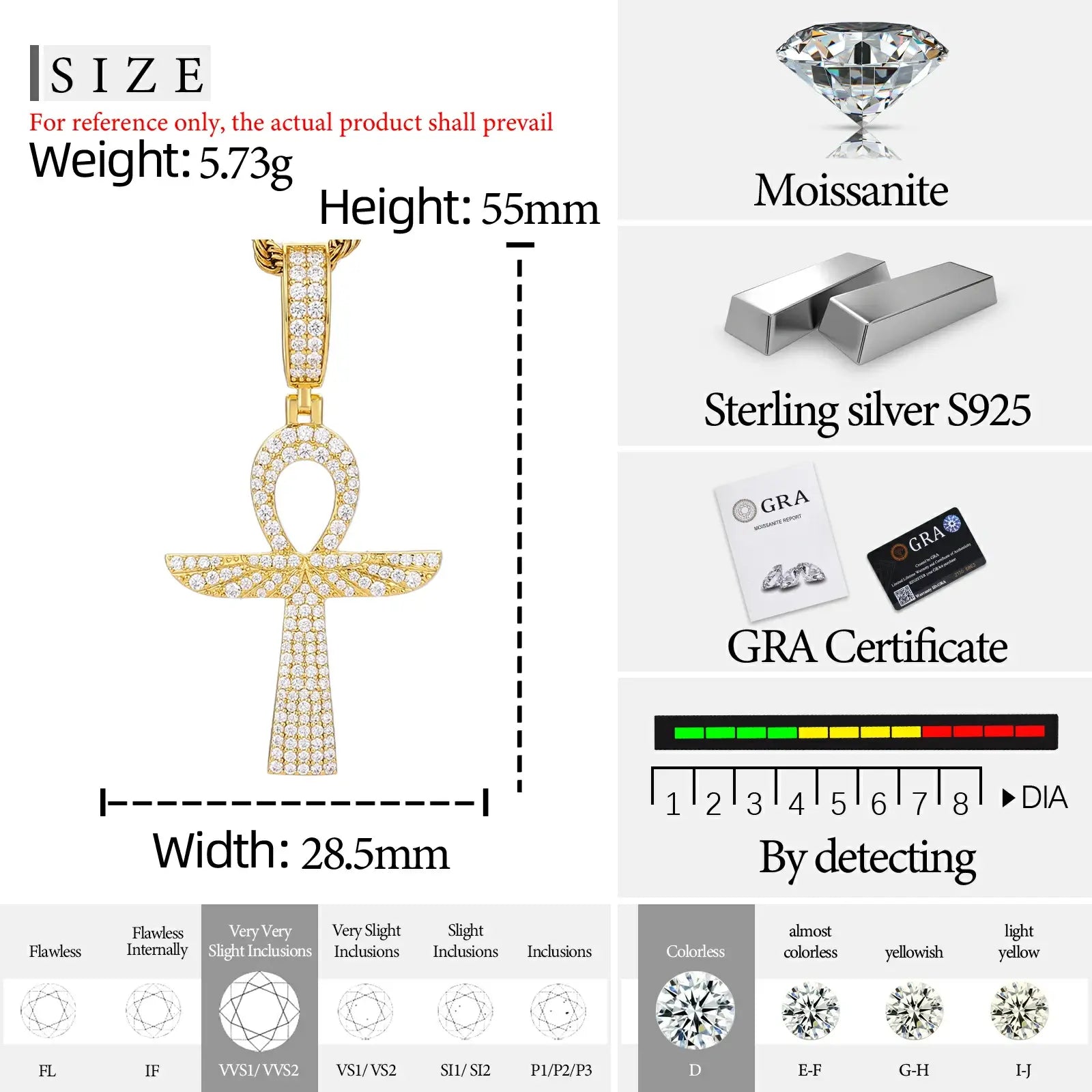 S925 Moissanite Wing Ankh Cross Pendant