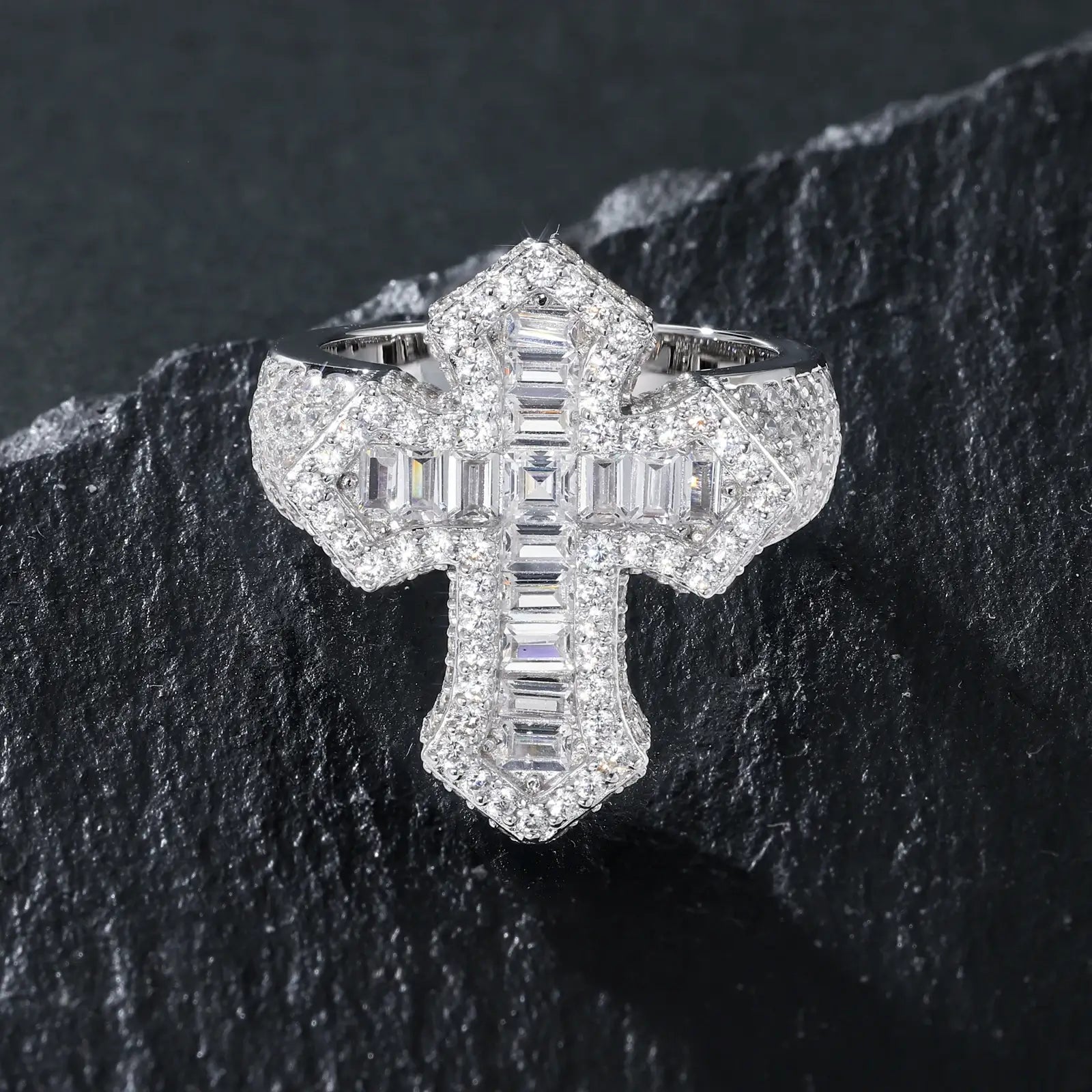 S925 1 Row Baguette Moissanite Cross Ring