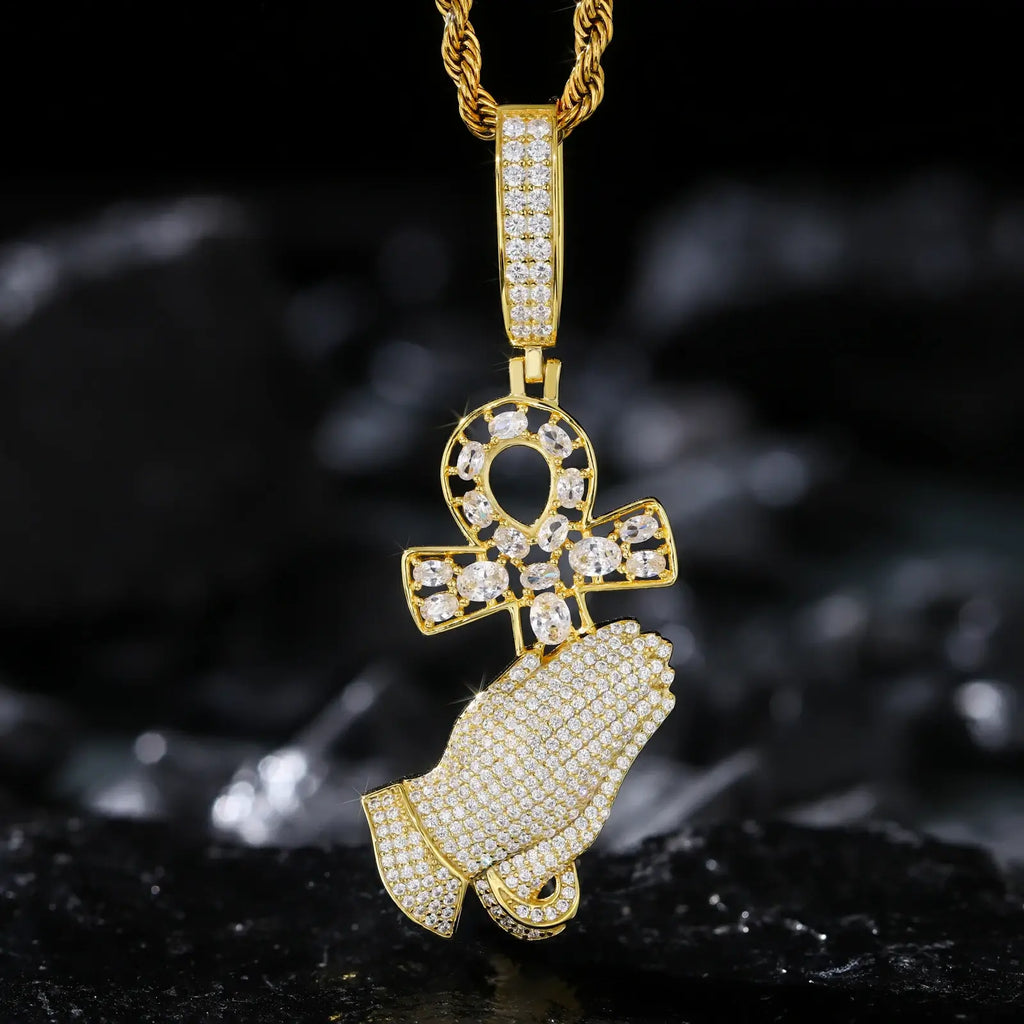 S925 Moissanite Pray Hand and Ankh Cross Pendant