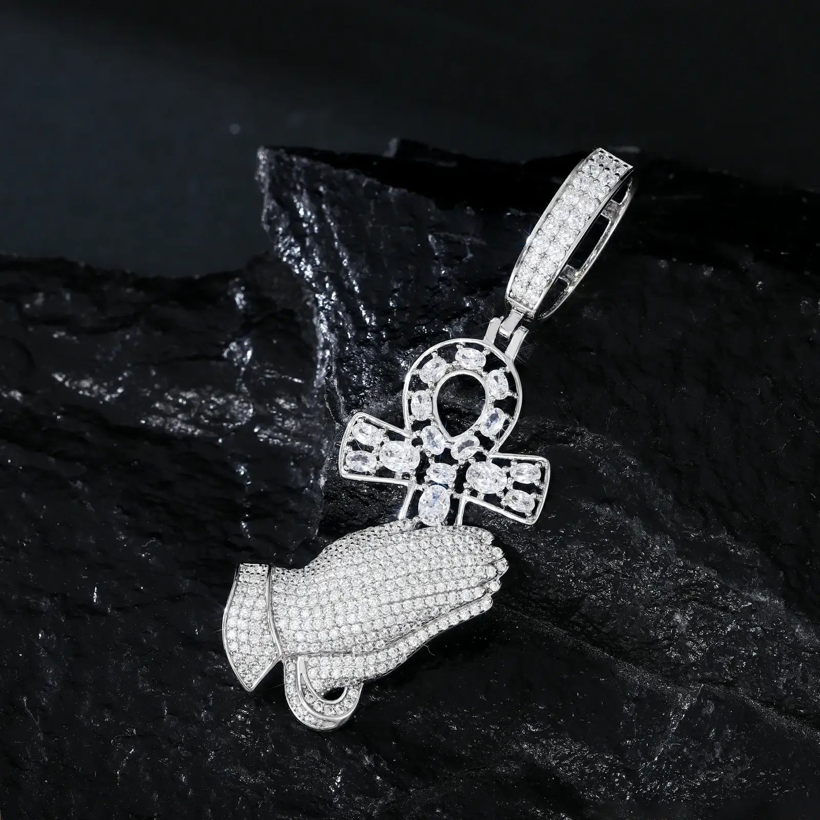 S925 Moissanite Pray Hand and Ankh Cross Pendant