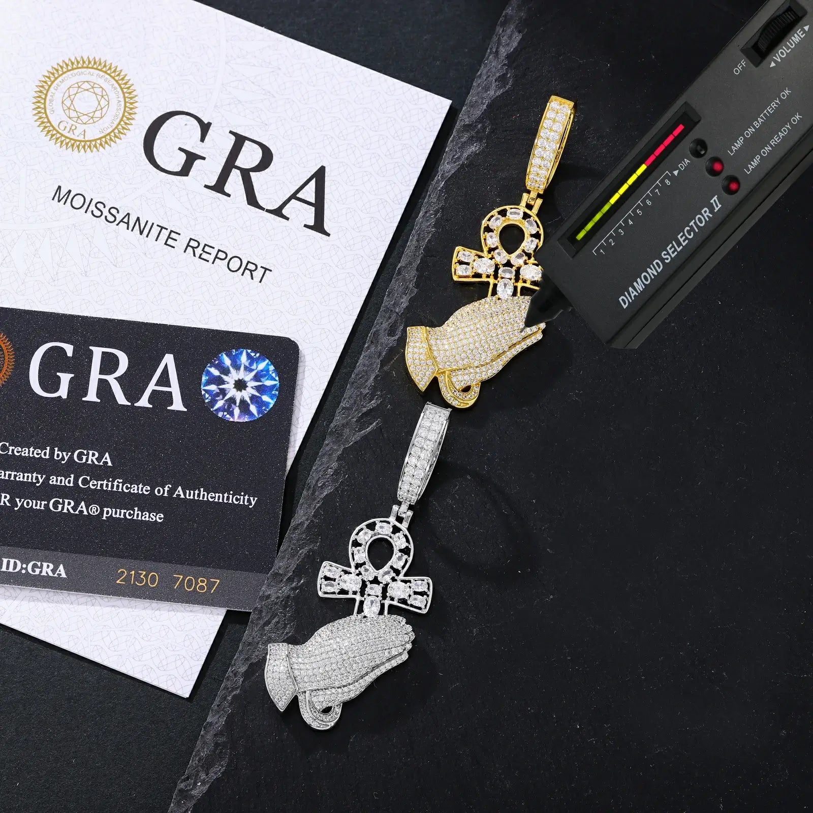 S925 Moissanite Pray Hand and Ankh Cross Pendant