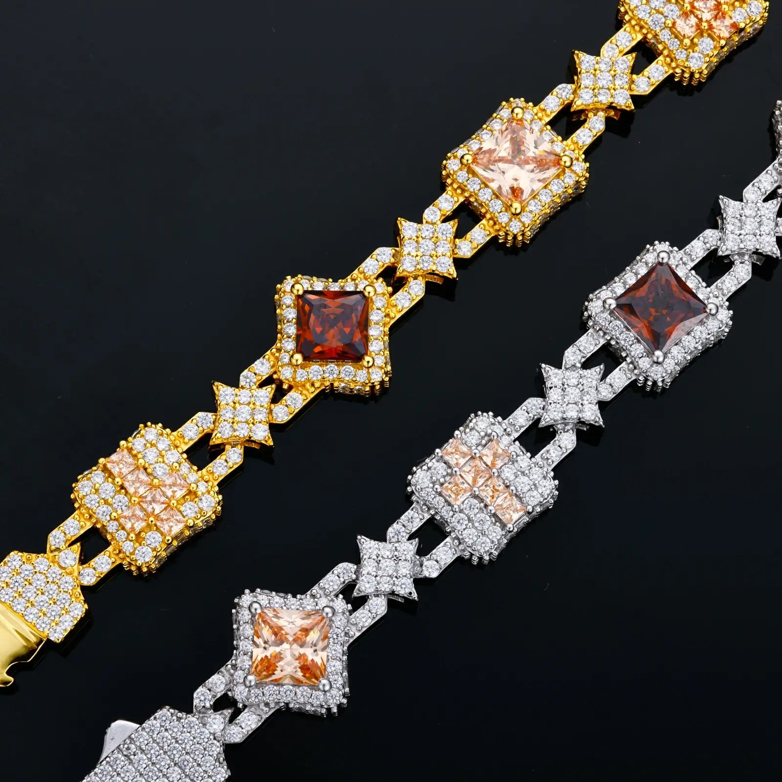 13mm S925 Moissanite Cross Star Square Link Bracelet