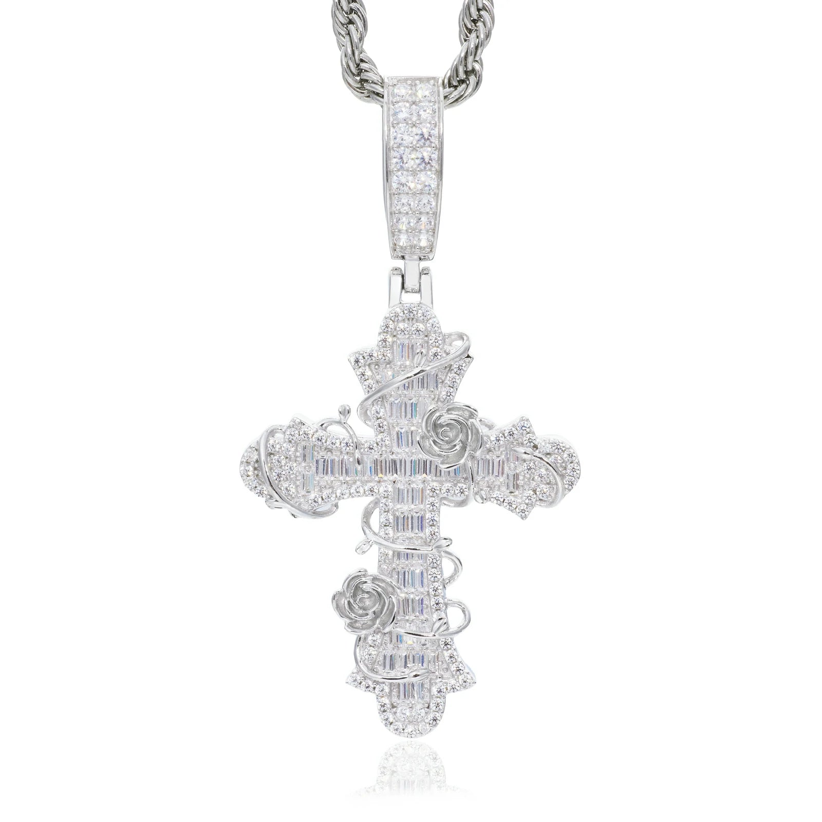 S925 Baguette Moissanite Rose Cross Pendant