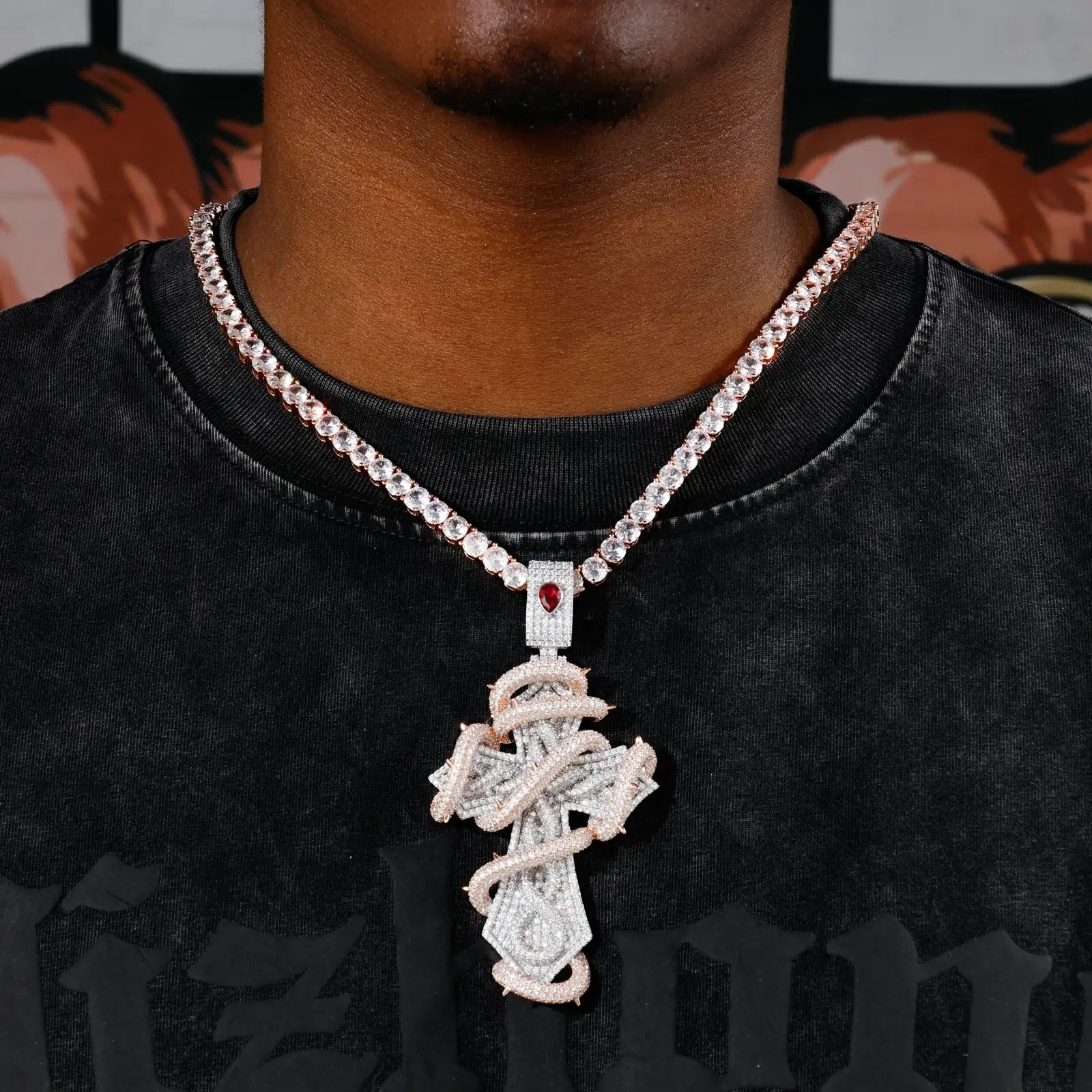 S925 Moissanite 2 Tone Thorn Wrapped Cross Pendant