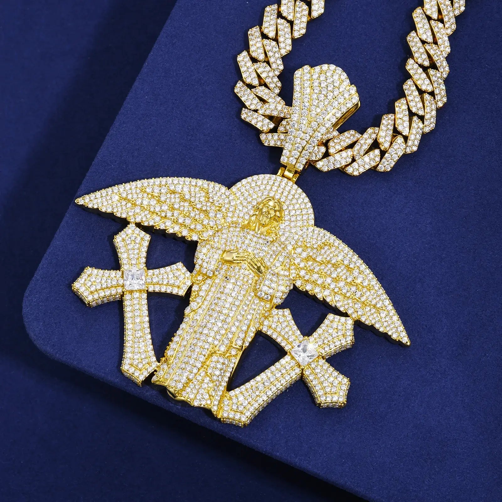 S925 Moissanite Buss Down Jesus Pendant | Angel Wings Double Cross