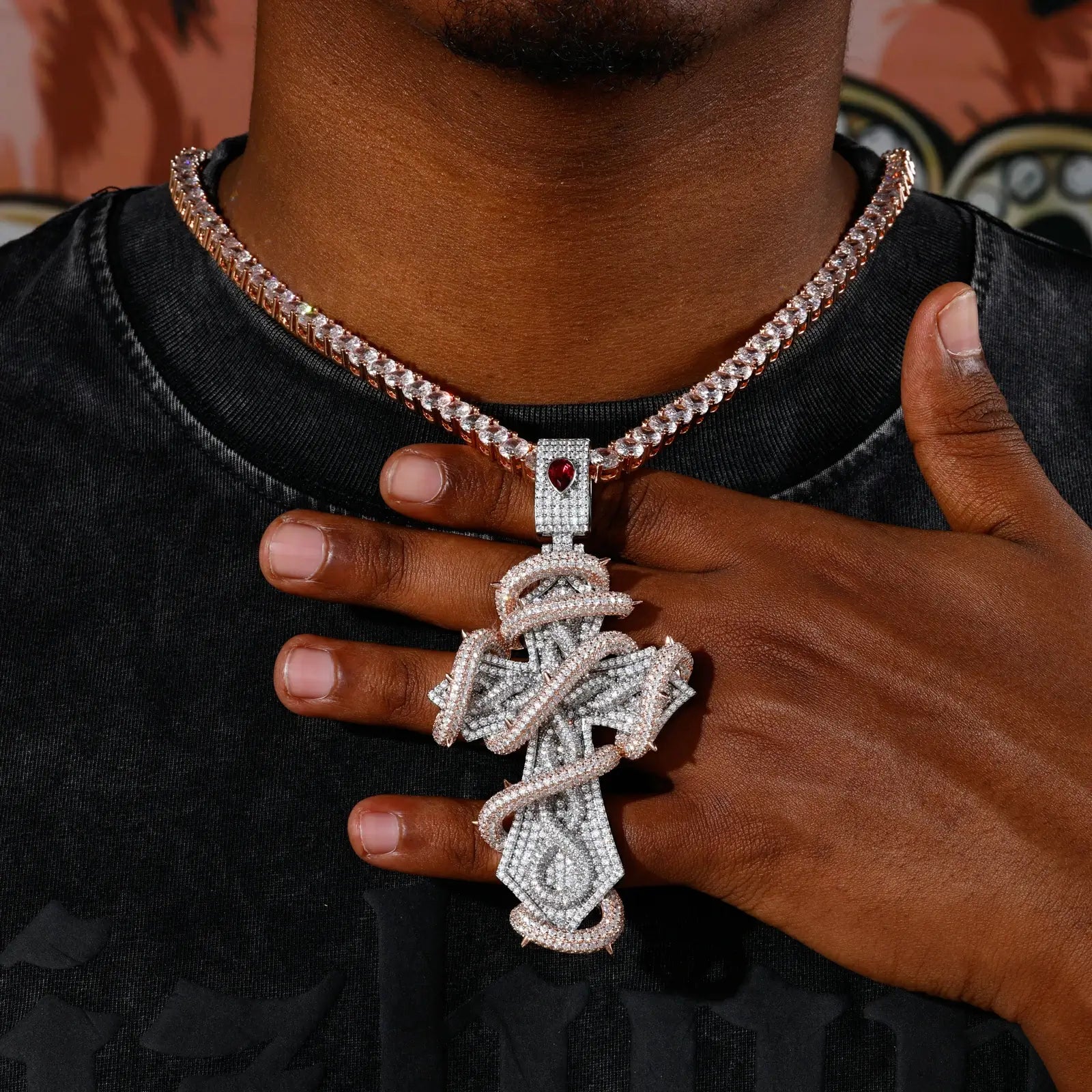 S925 Moissanite 2 Tone Thorn Wrapped Cross Pendant