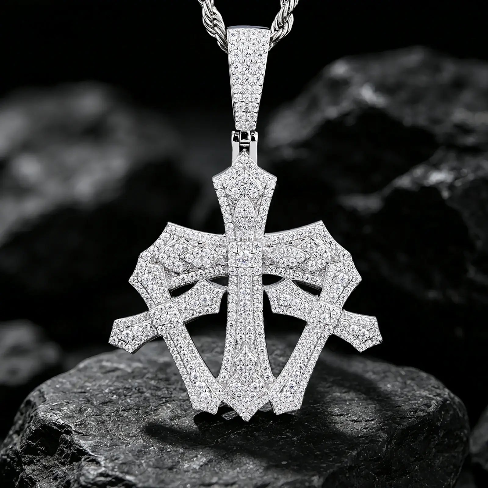 S925 Moissanite Triple Iris Cross Pendant