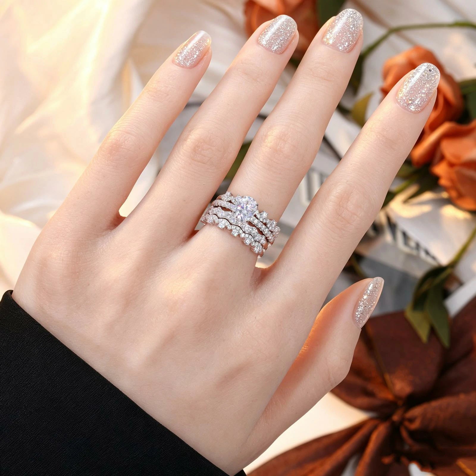 S925 1.5CT Oval Cut Moissanite 4PCS Stackable Enternity Engagement Ring Set