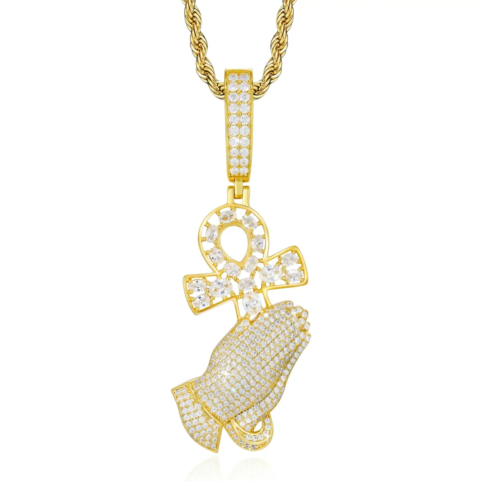 S925 Moissanite Pray Hand and Ankh Cross Pendant