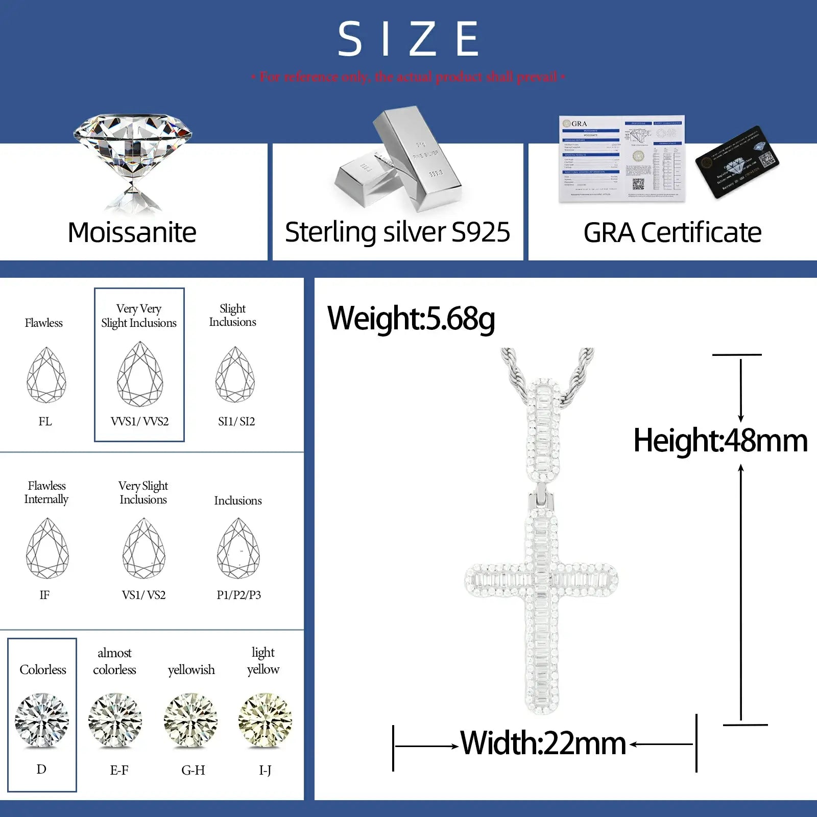 S925 Baguette Moissanite Cross Pendant