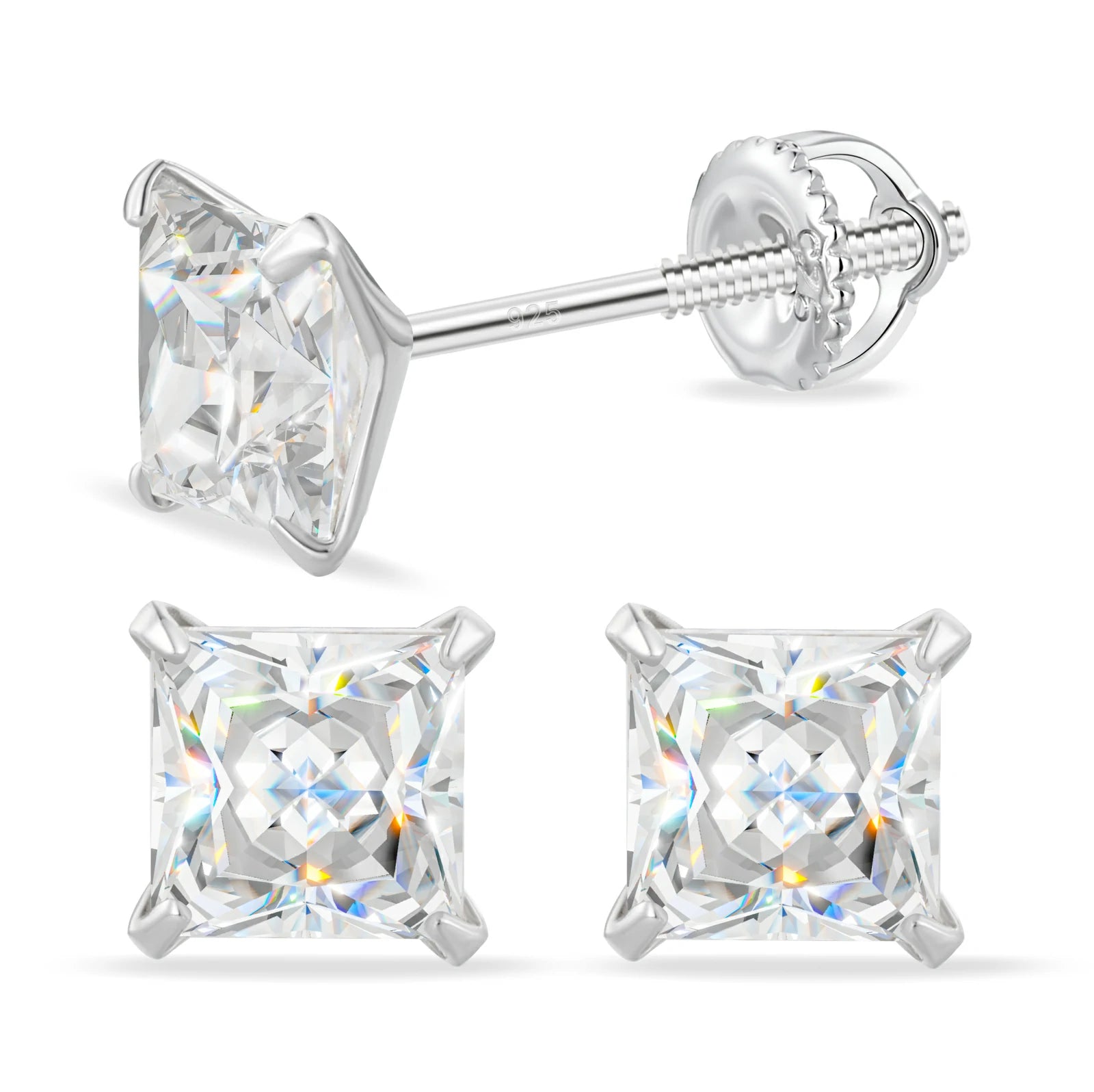 S925 Princess Cut Moissanite Solitaire Stud Earrings