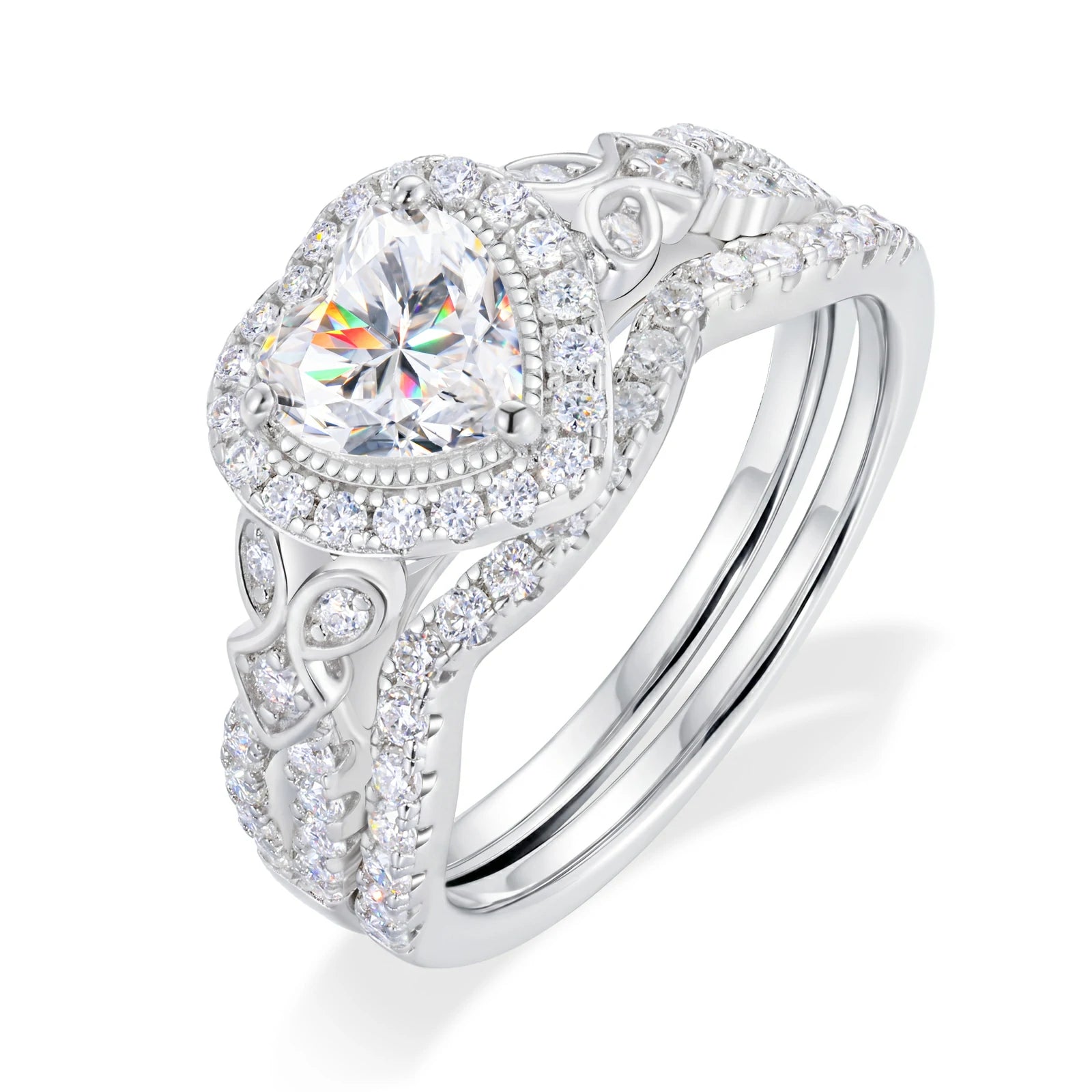S925 0.8CT Heart Cut Moissanite Halo Wedding Ring Set