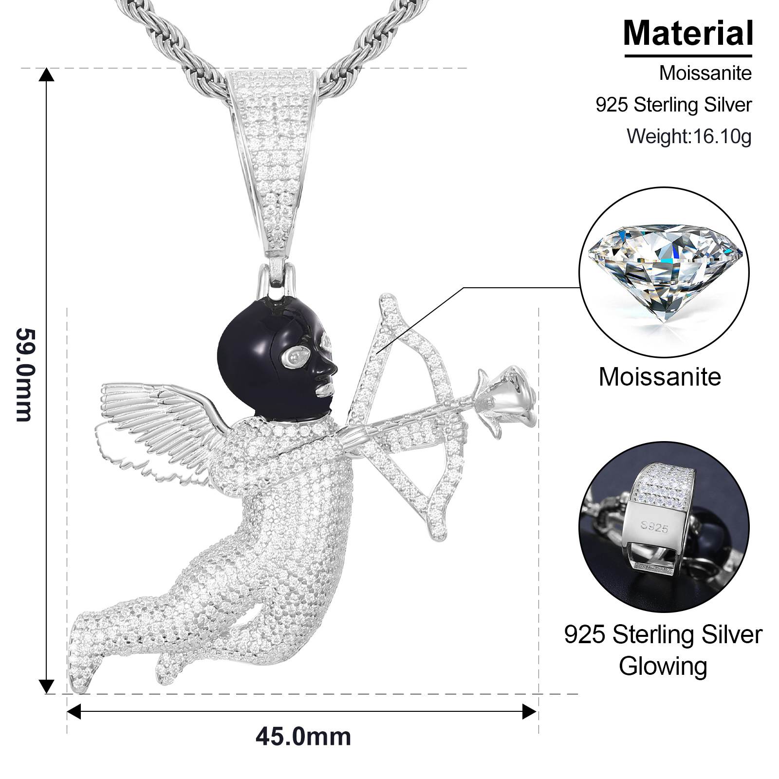 S925 Moissanit Engel Amor Anhänger mit schwarz maskiertem Pfeil des Eros