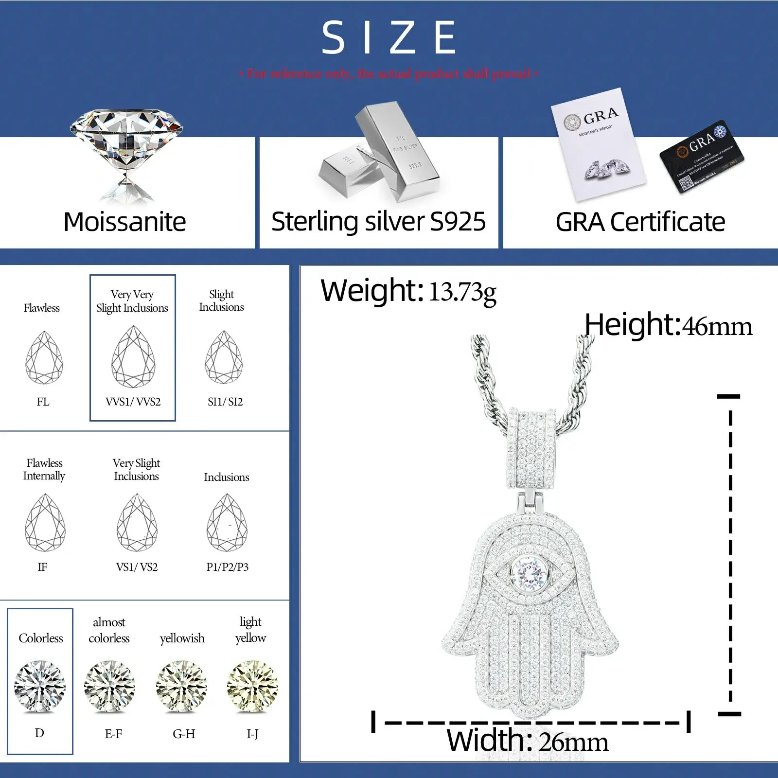 S925 Moissanite Evil Eye Hamsa Hand Pendant