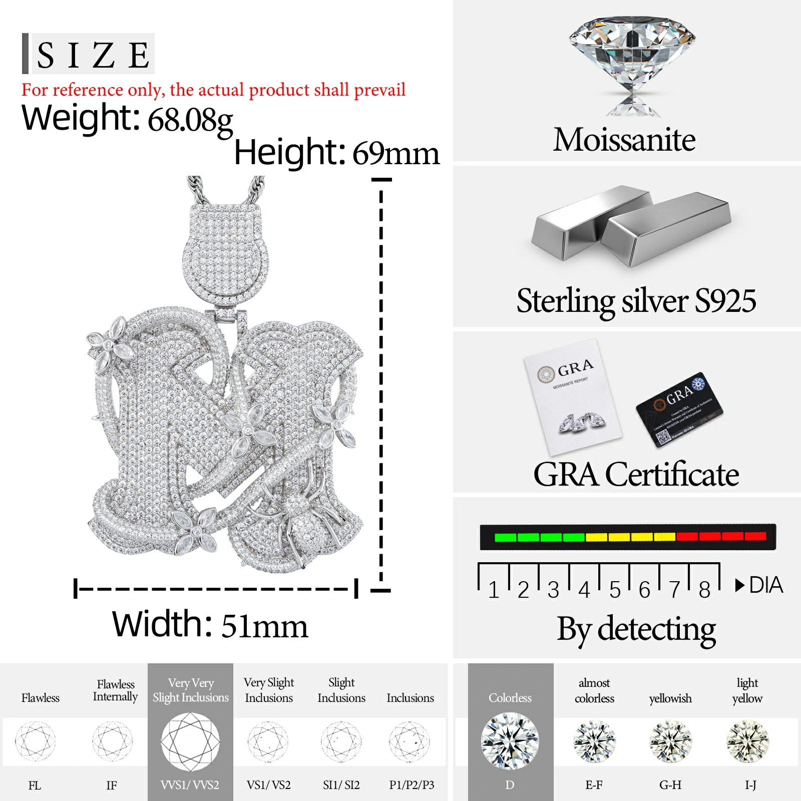 S925 Moissanite Thorns Flower Spider Letter M Pendant