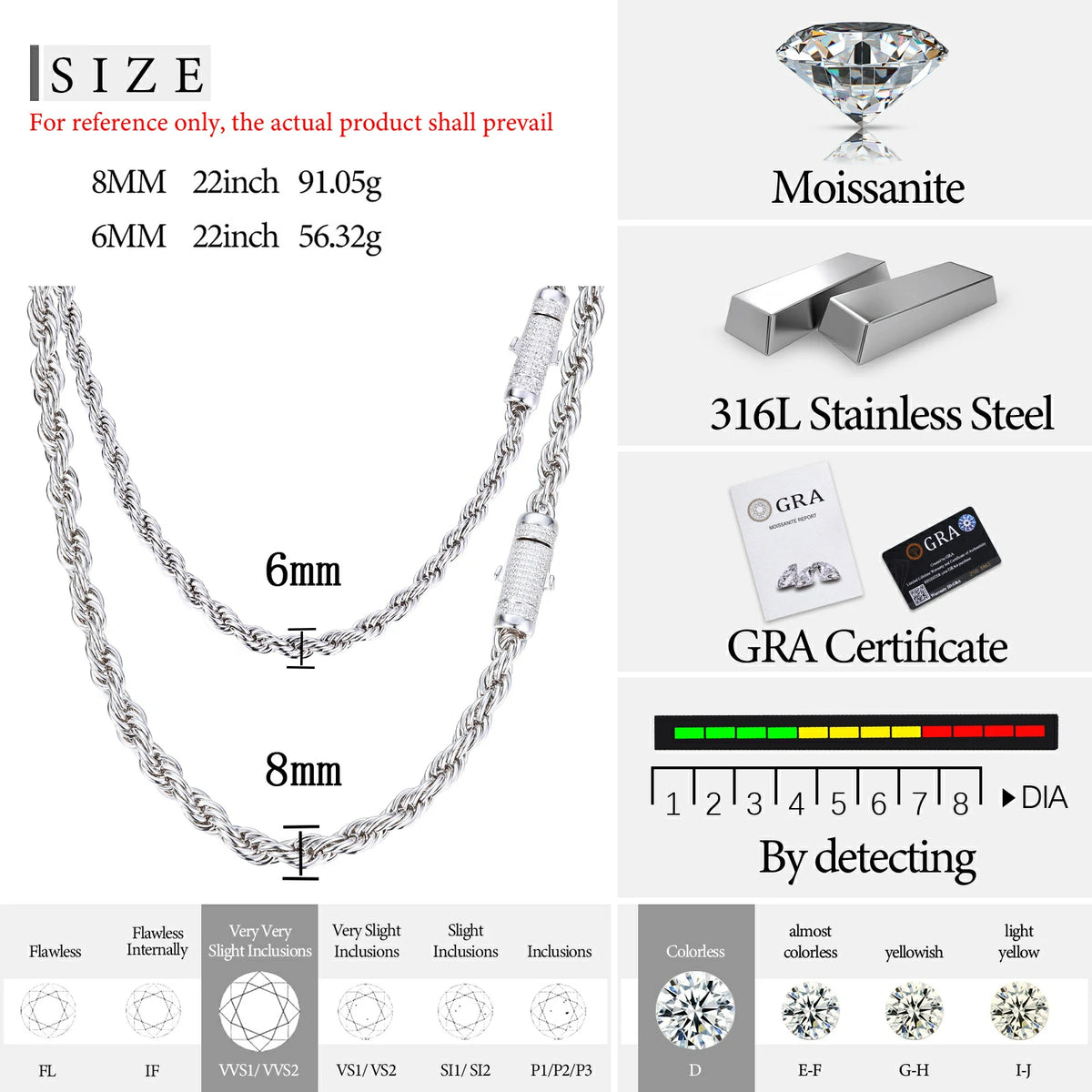 6mm 8mm 316L Moissanite Rope Chain