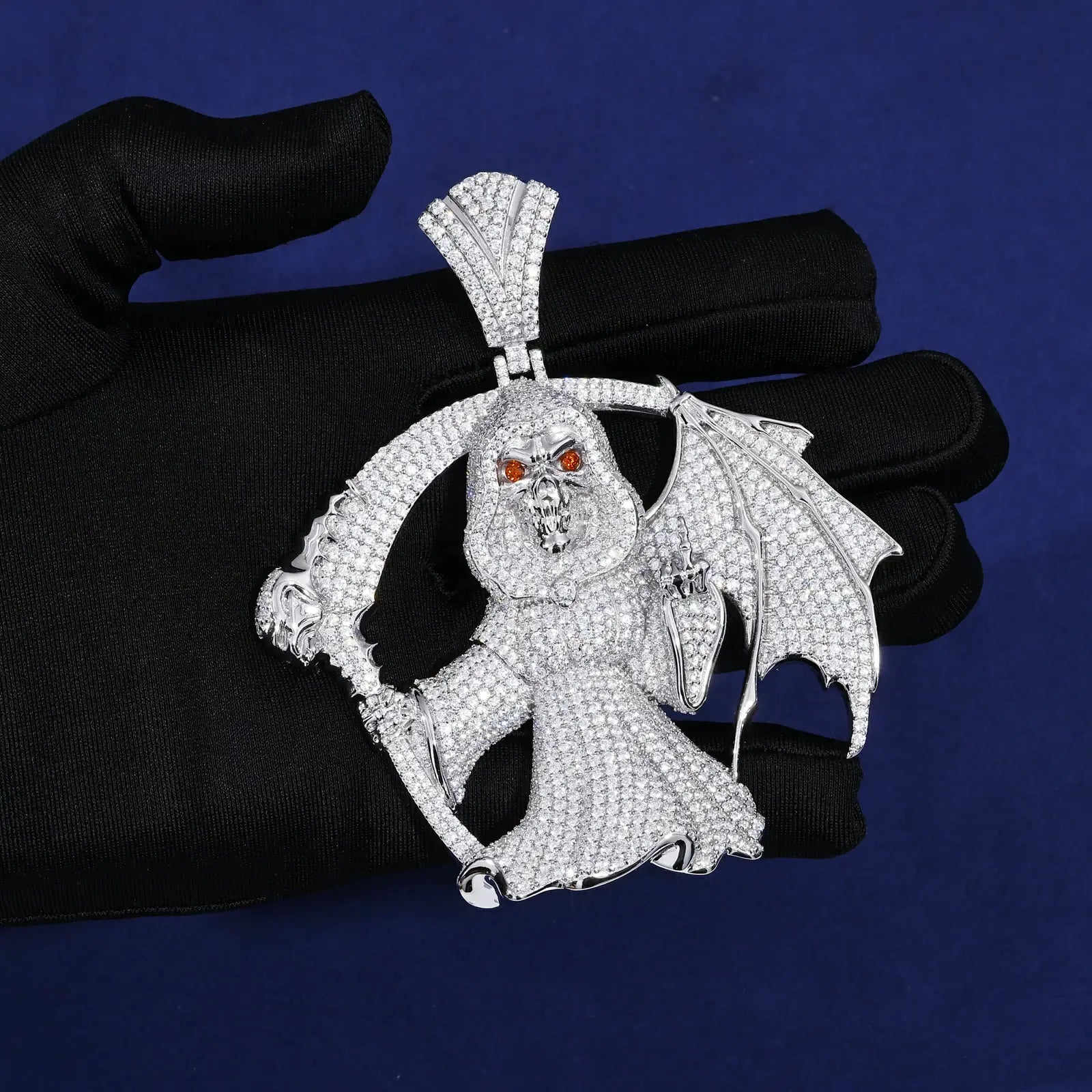 S925 Moissanite Winged Grim Reaper Pendant | One-finger Salute