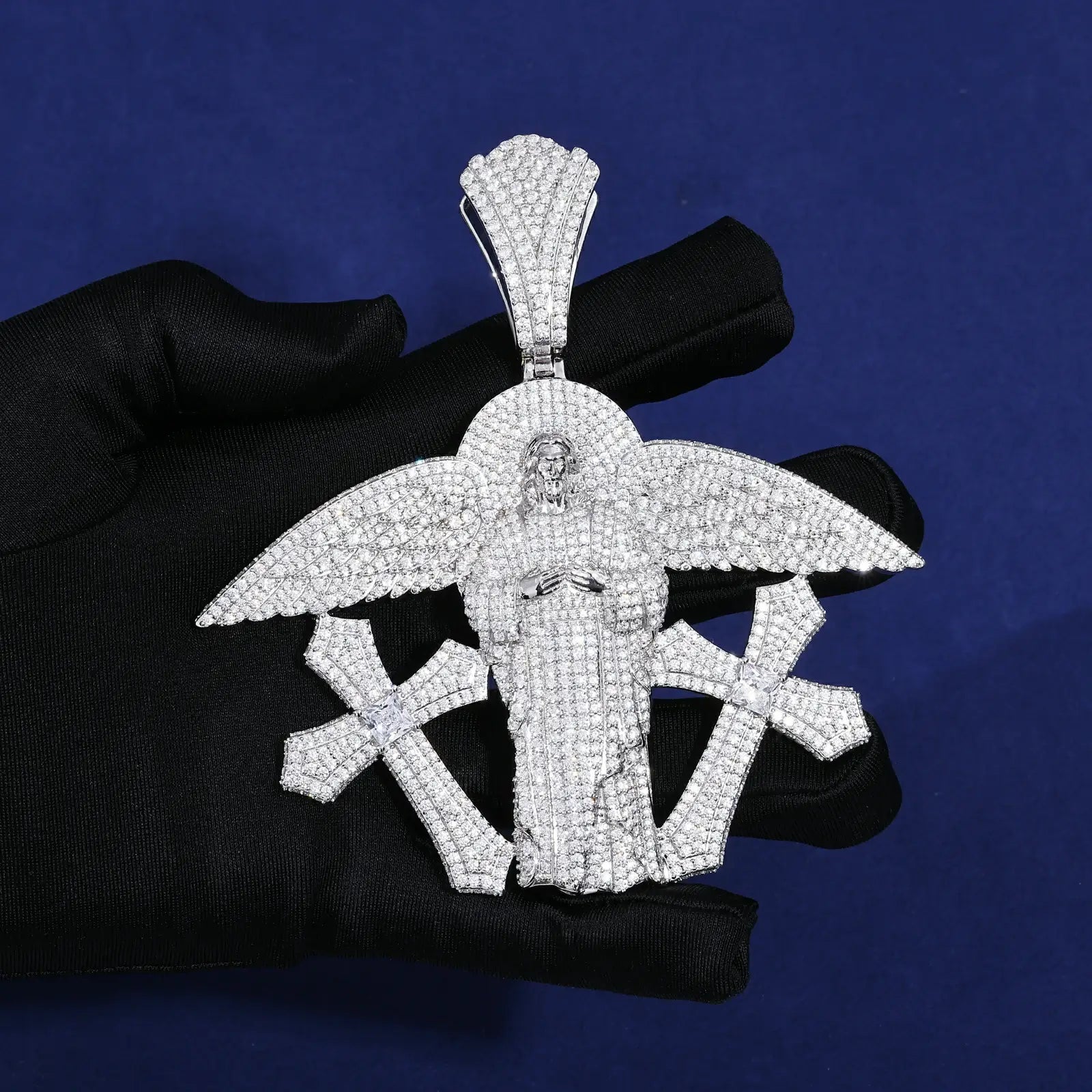 S925 Moissanite Buss Down Jesus Pendant | Angel Wings Double Cross