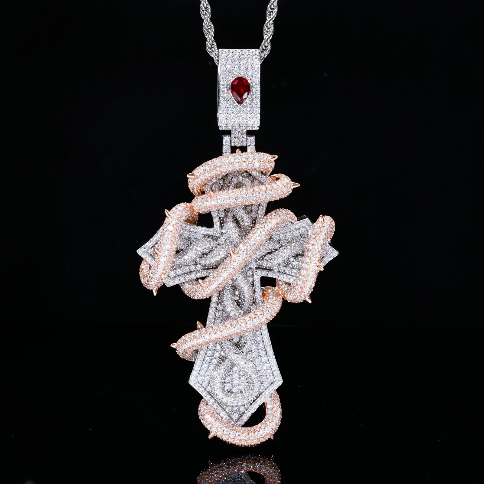 Oversized 2 Tone Thorn Wrapped Cross Pendant