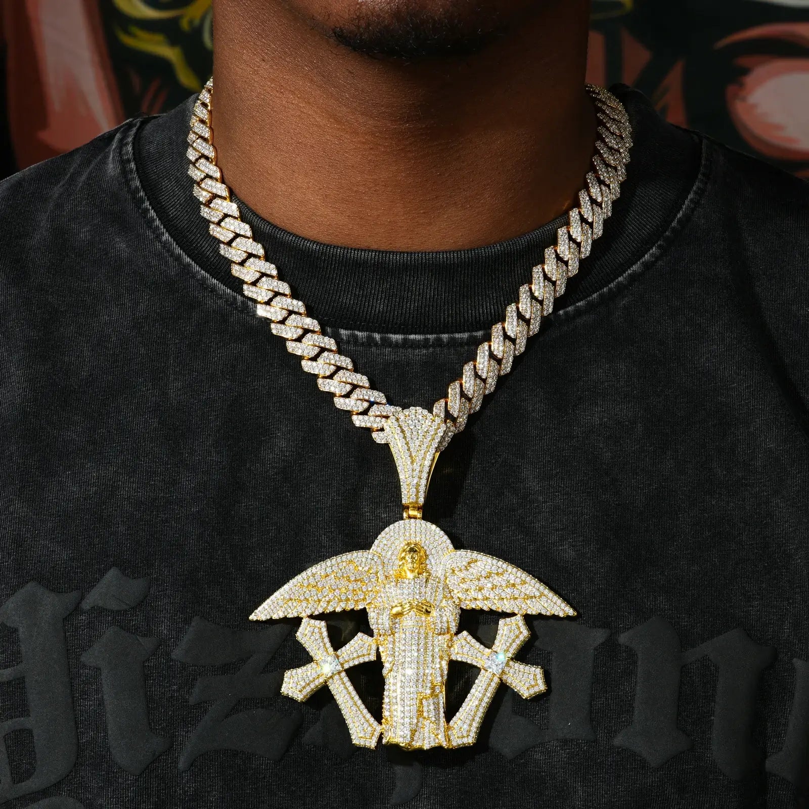 S925 Moissanite Buss Down Jesus Pendant | Angel Wings Double Cross