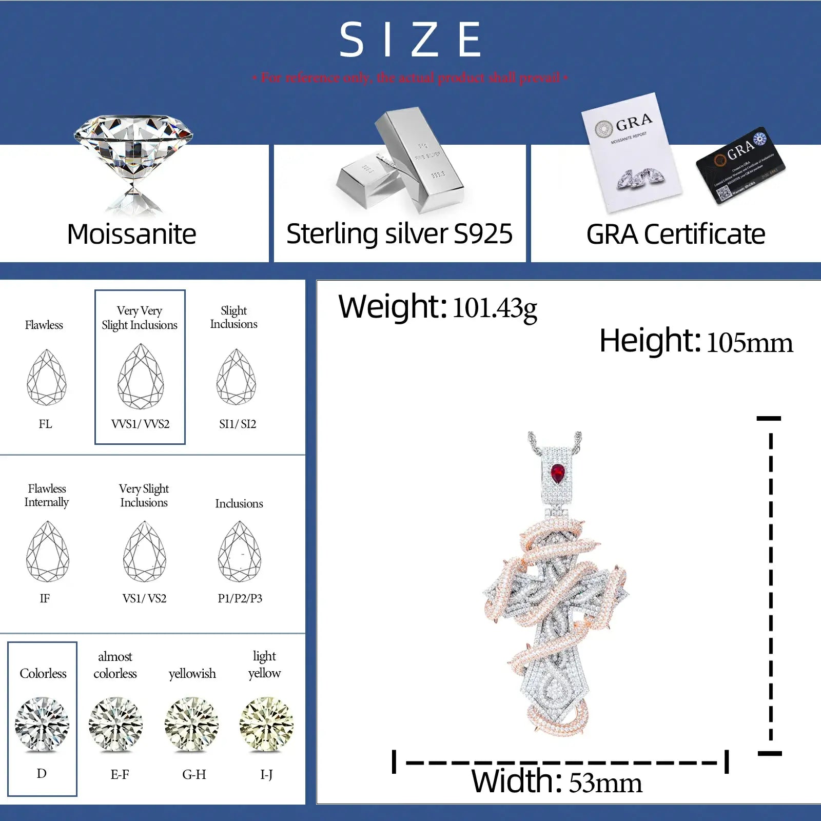 S925 Moissanite 2 Tone Thorn Wrapped Cross Pendant