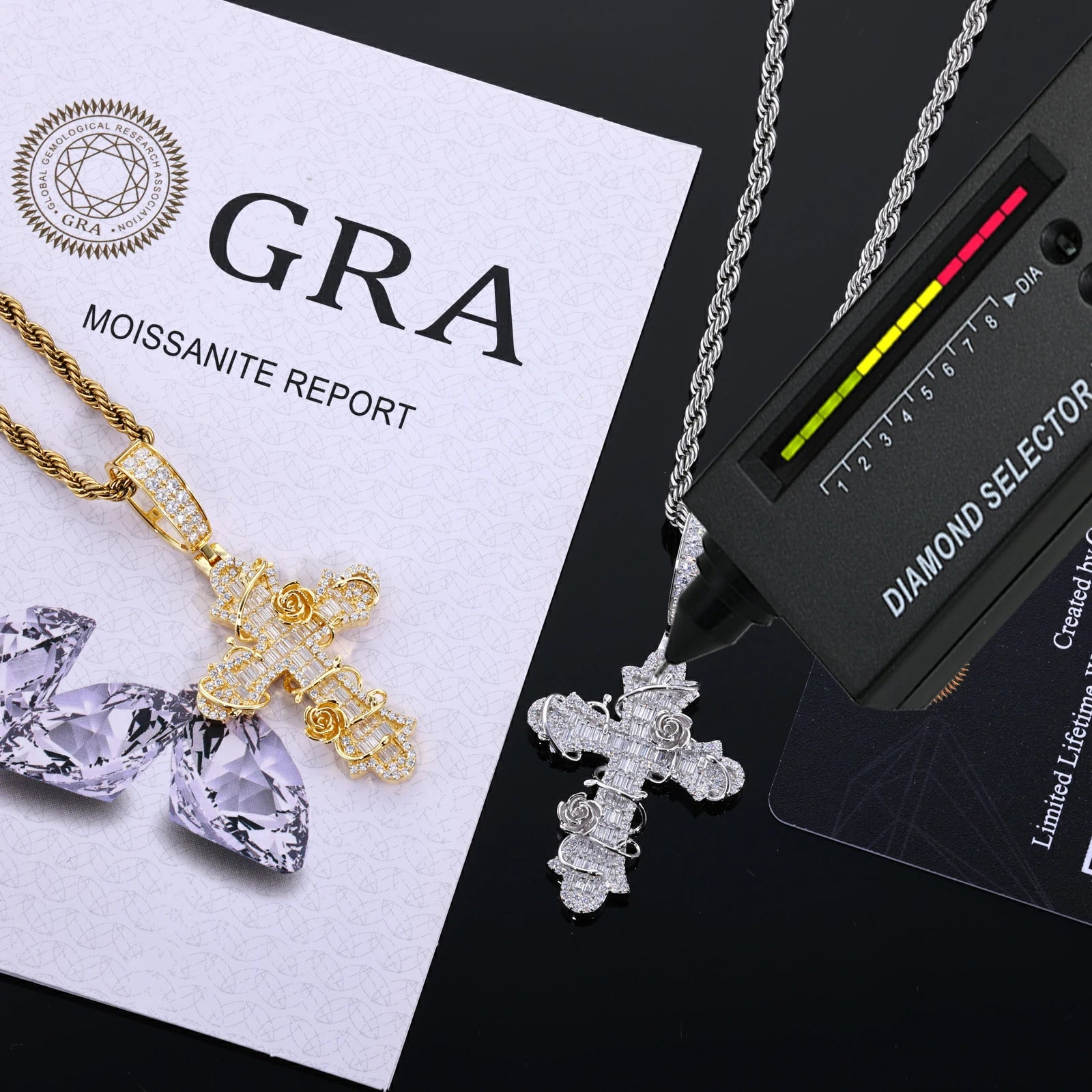 S925 Baguette Moissanite Rose Cross Pendant