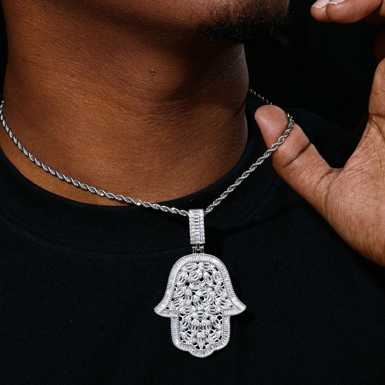 S925 Pear Cut Moissanite Hollow Hamsa Hand Pendant