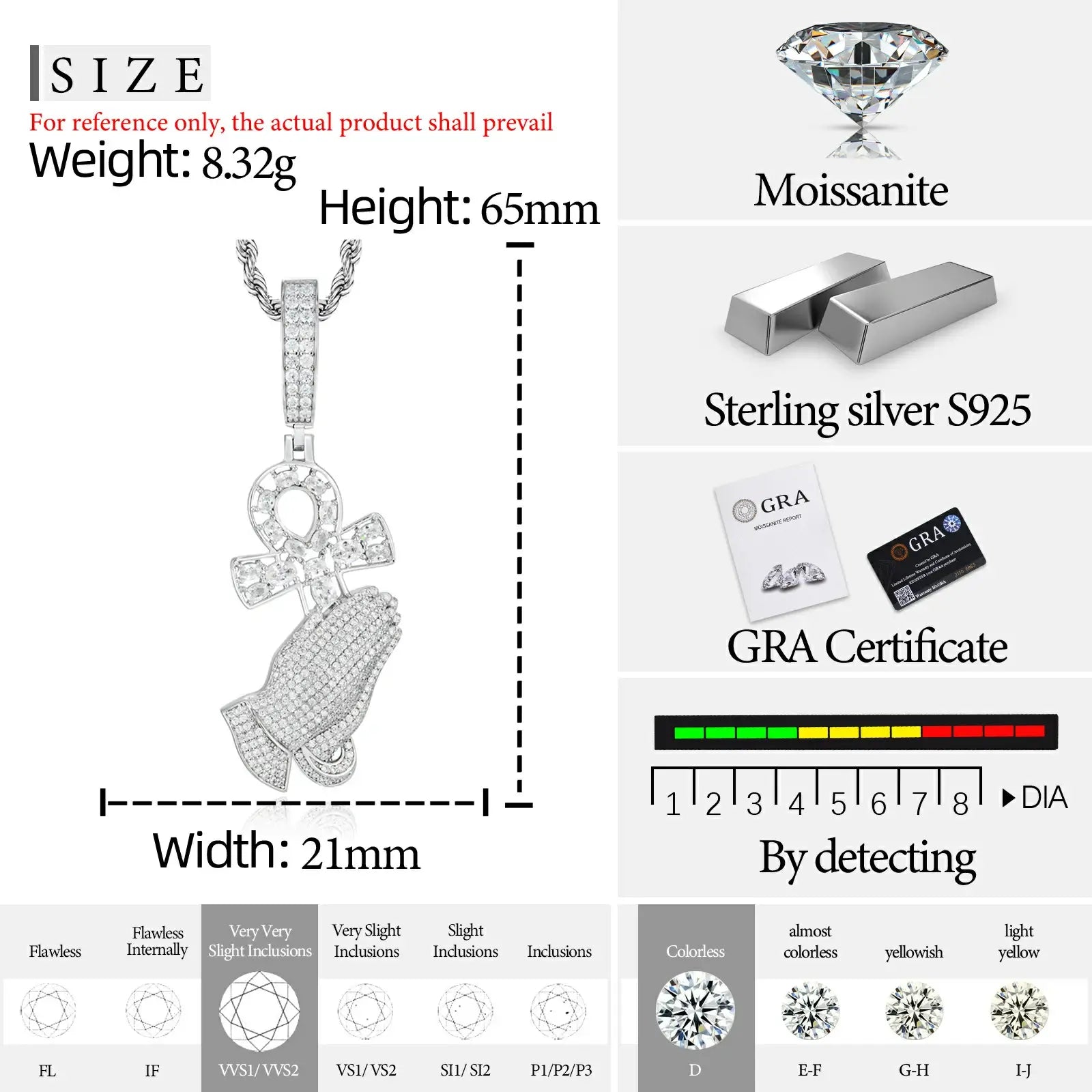 S925 Moissanite Pray Hand and Ankh Cross Pendant
