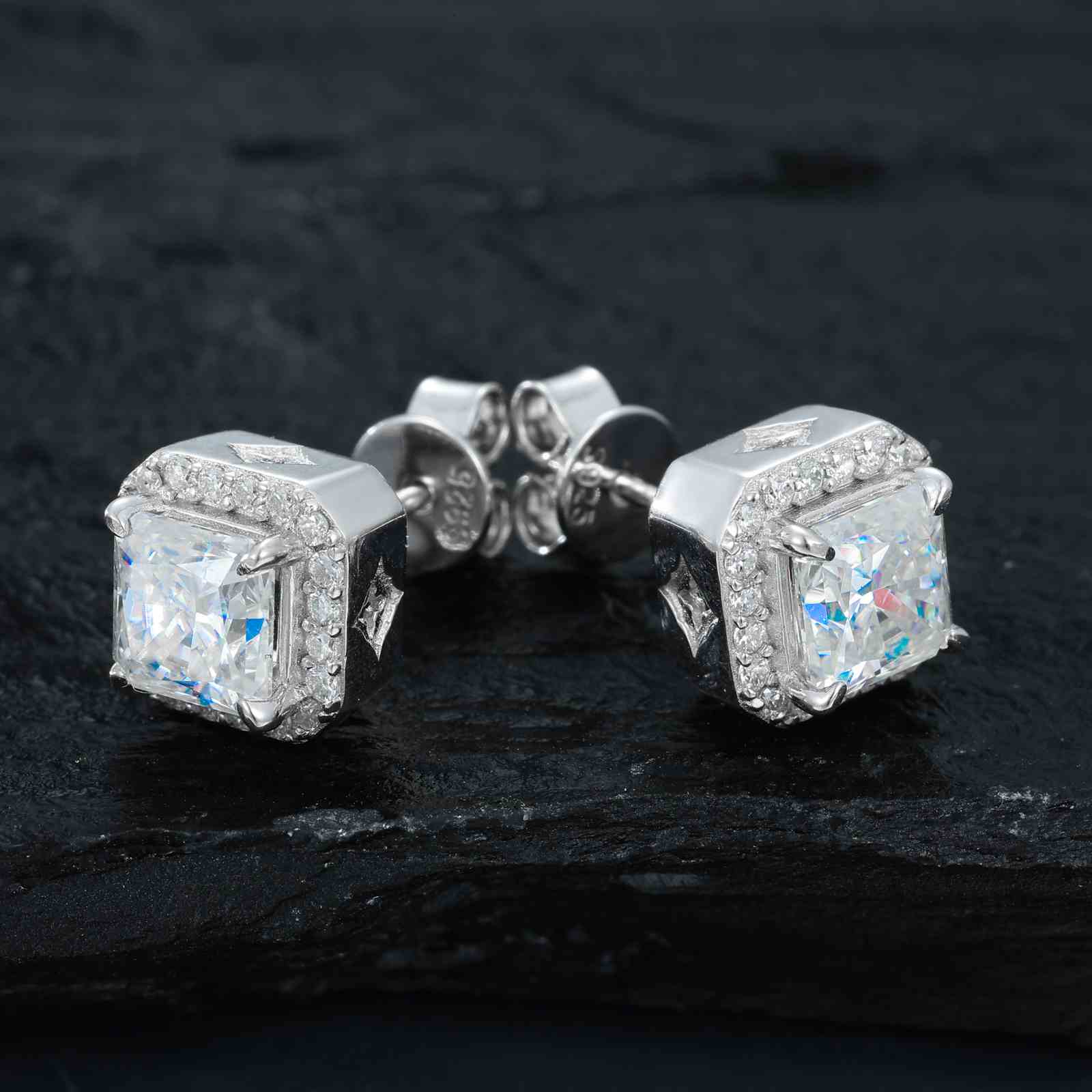 S925 Asscher Cut Moissanite Halo Stud Earrings