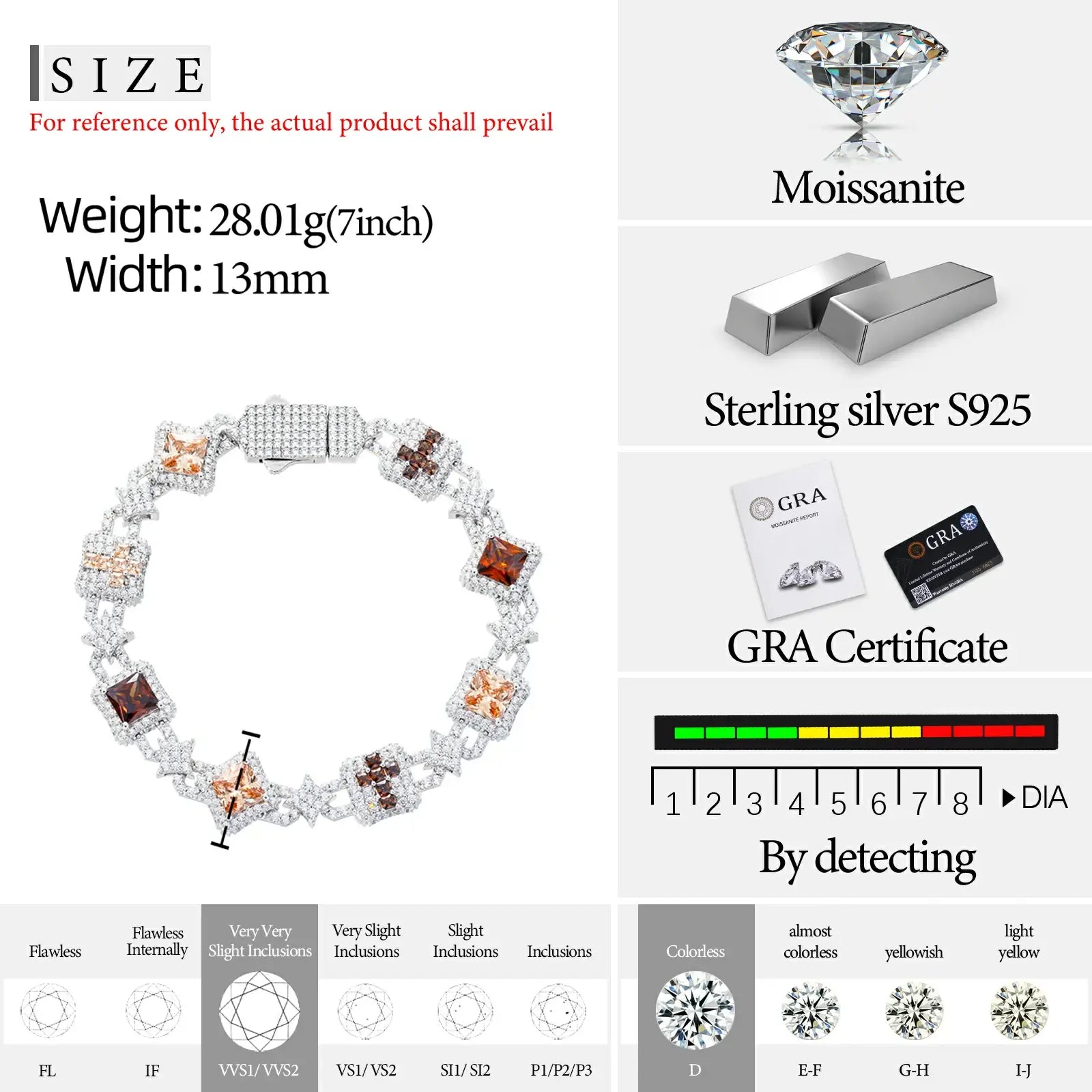 13mm S925 Moissanite Cross Star Square Link Bracelet