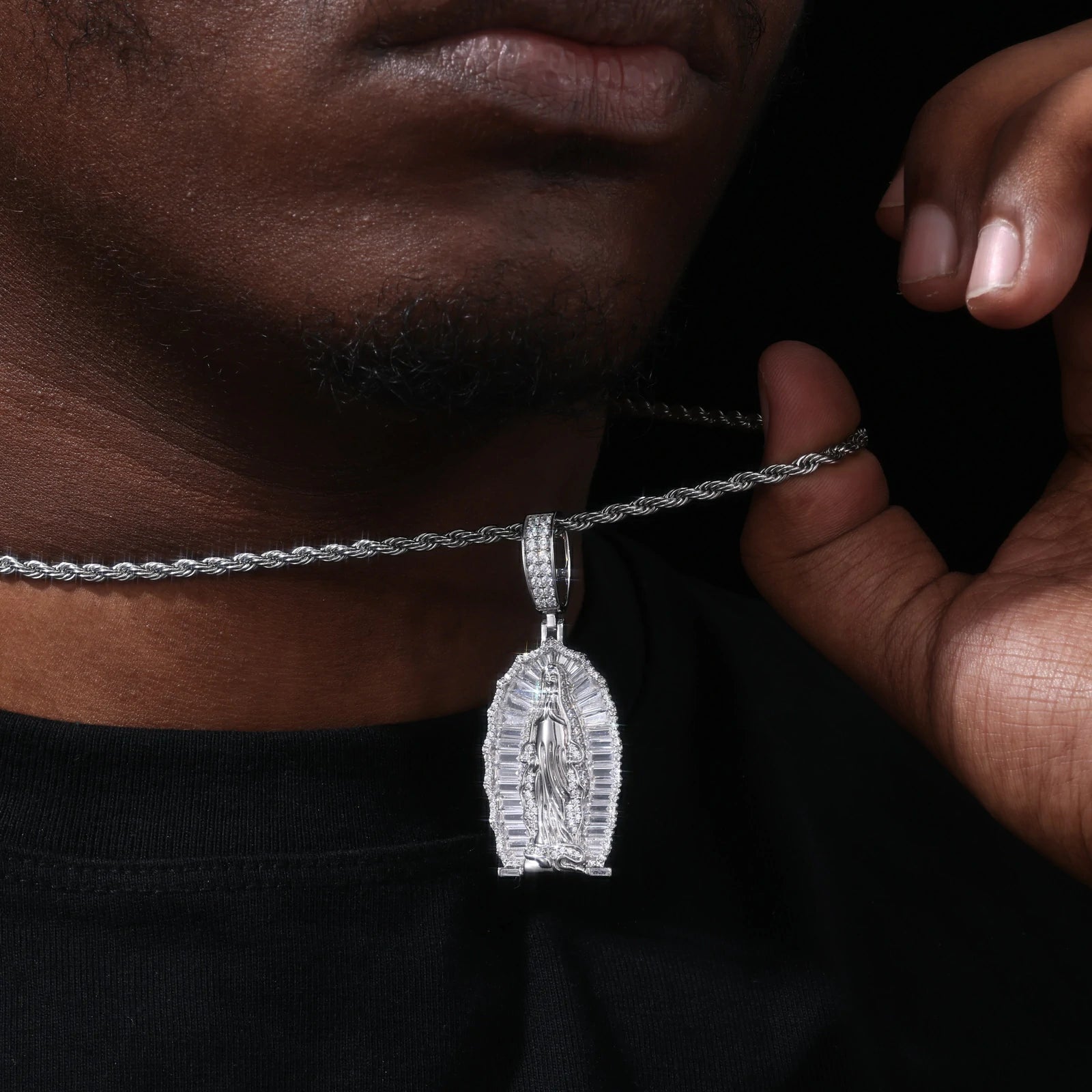 S925 Baguette Moissanite Our Lady of Guadalupe Pendant