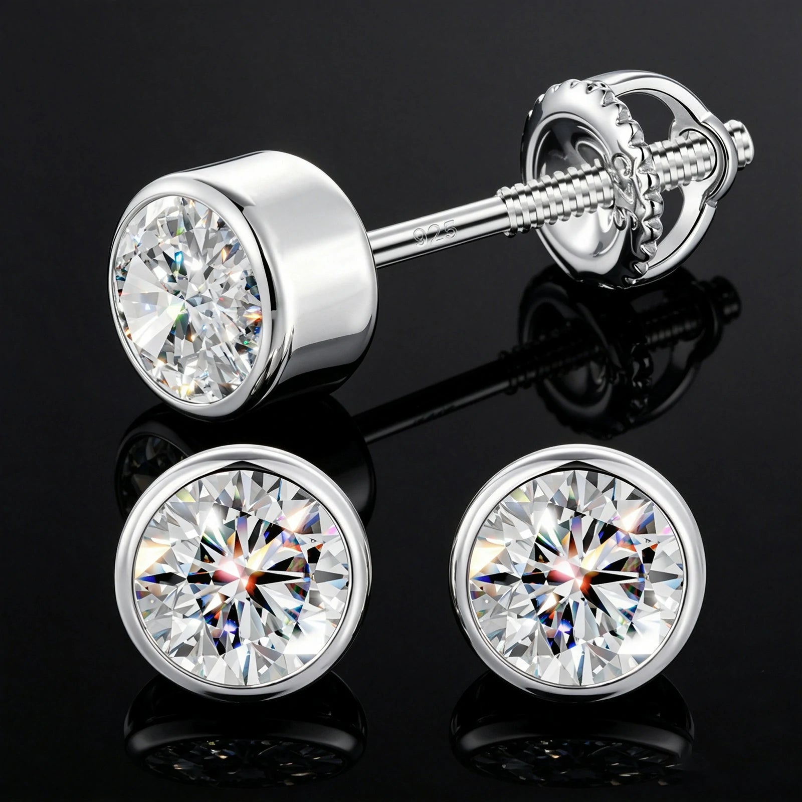 S925 Bezel Setting Moissanite Solitaire Stud Earrings