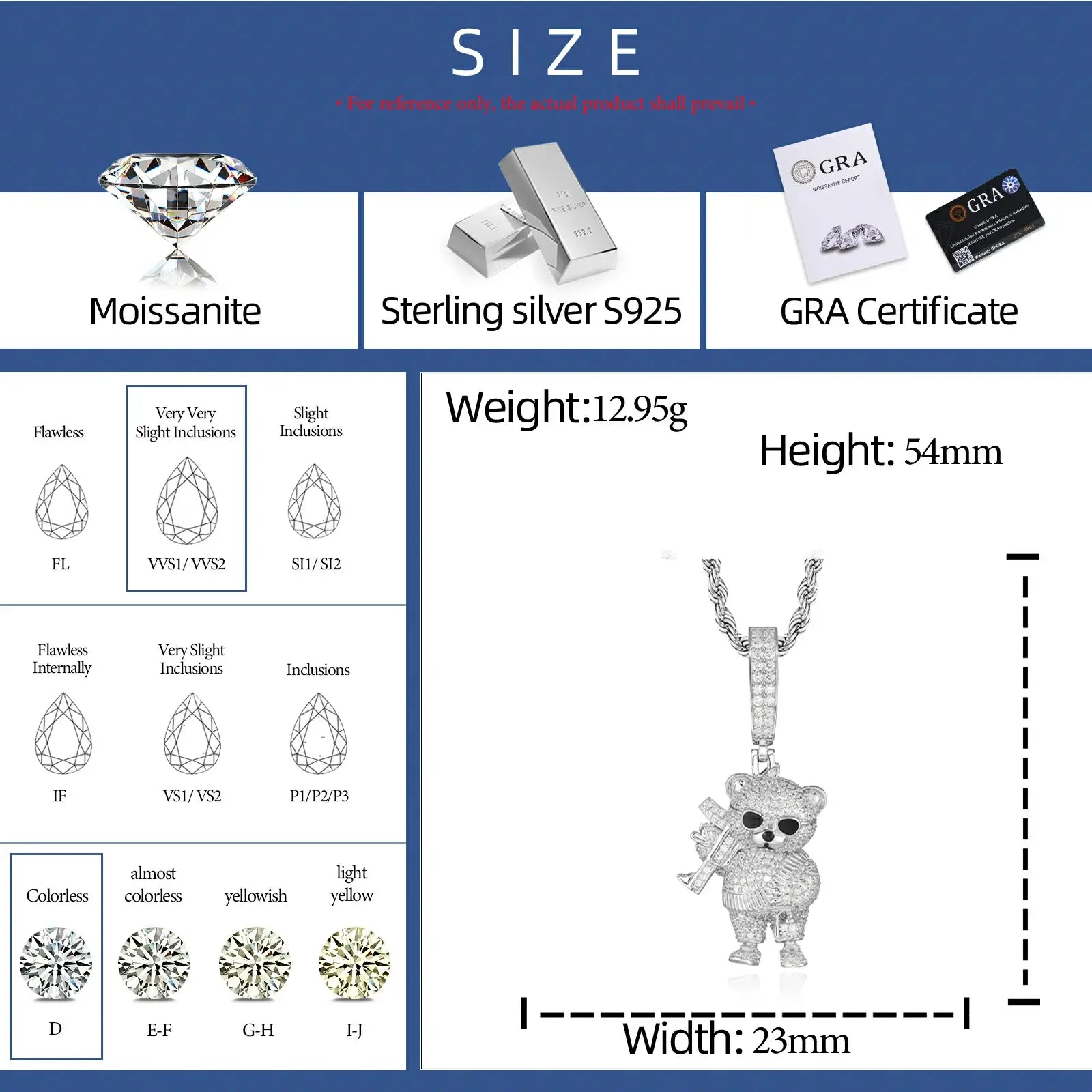 S925 Moissanite Armed Little Bear Pendant