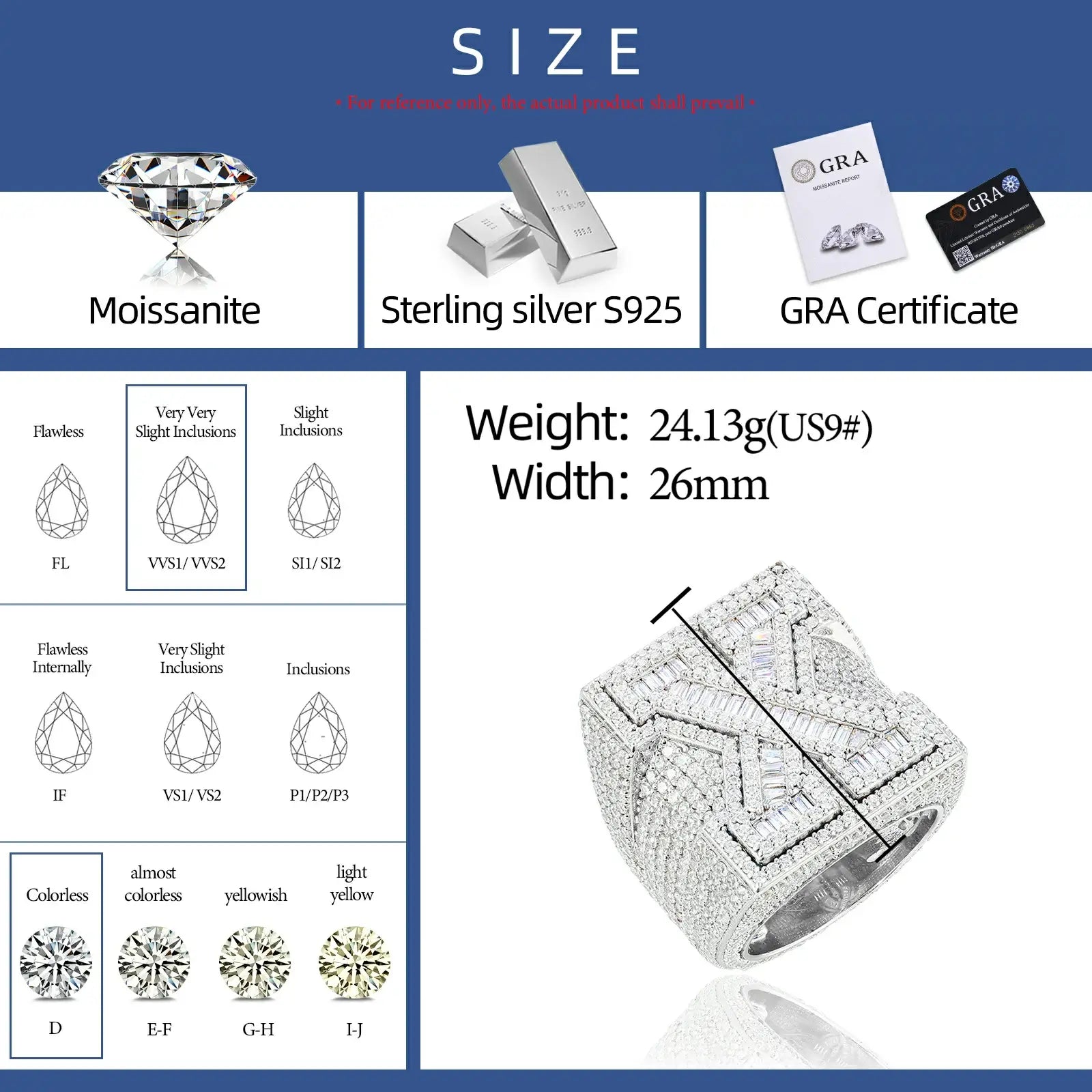 S925 Baguette Moissanite Initial Letter Ring