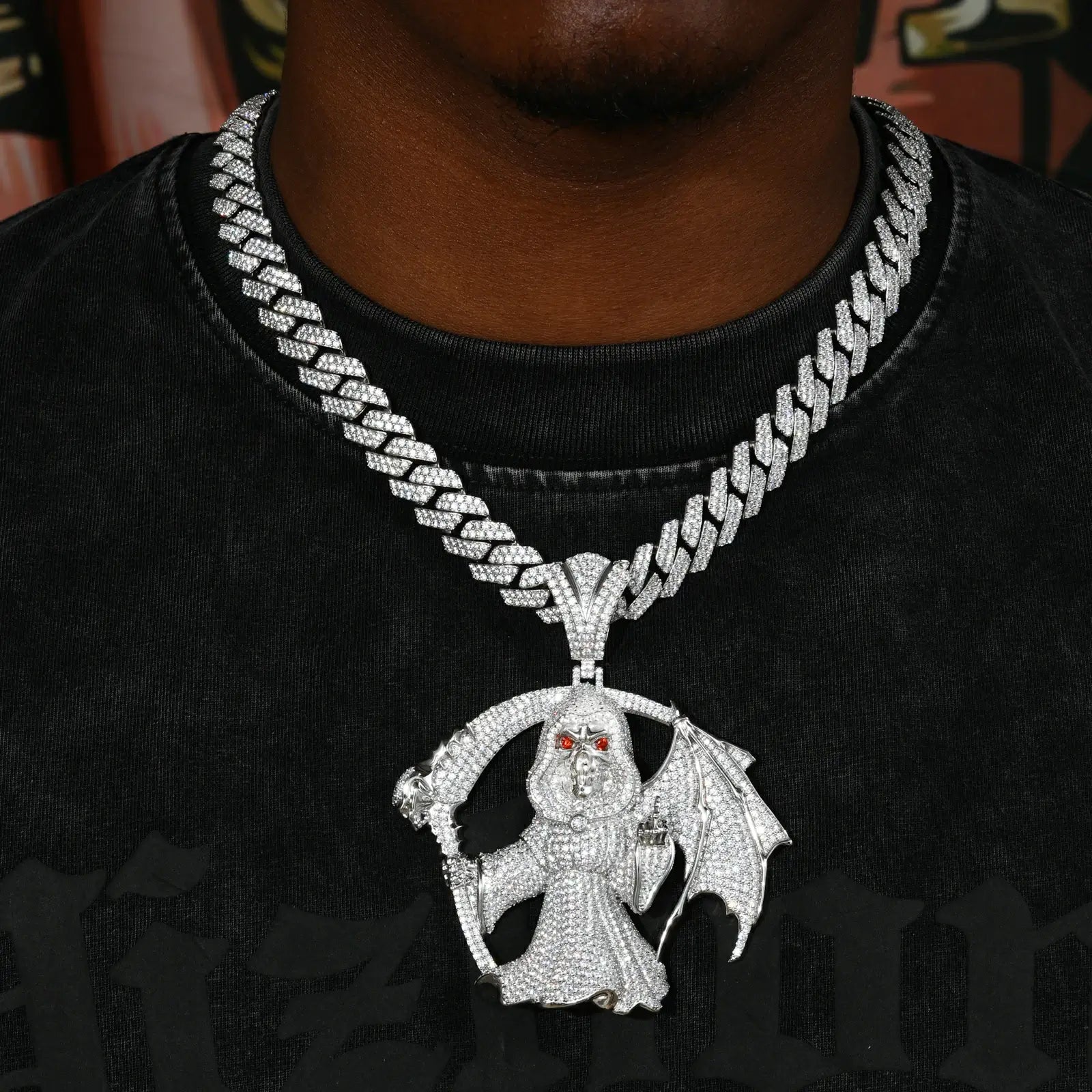 S925 Moissanite Winged Grim Reaper Pendant | One-finger Salute