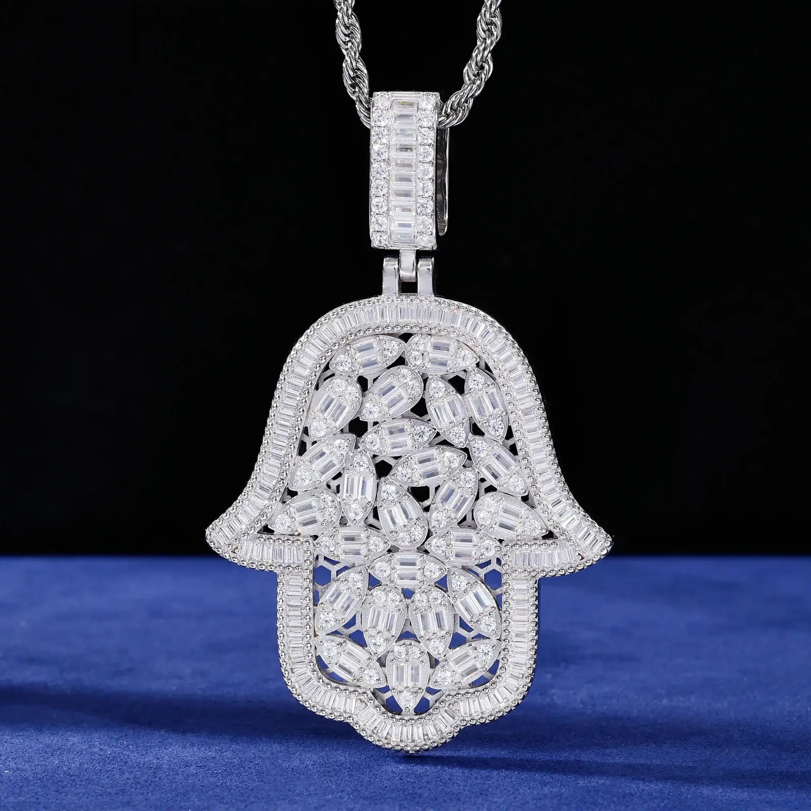 S925 Pear Cut Moissanite Hollow Hamsa Hand Pendant