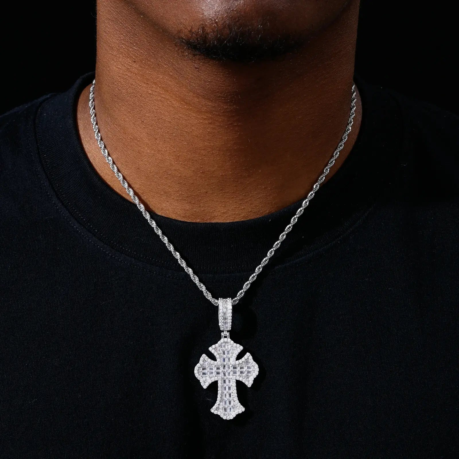 S925 Baguette Moissanite Iris Cross Pendant