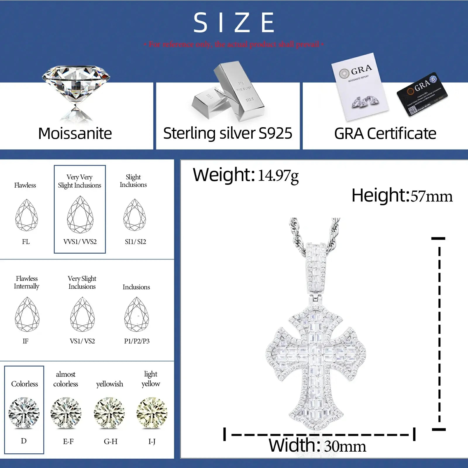 S925 Baguette Moissanite Iris Cross Pendant