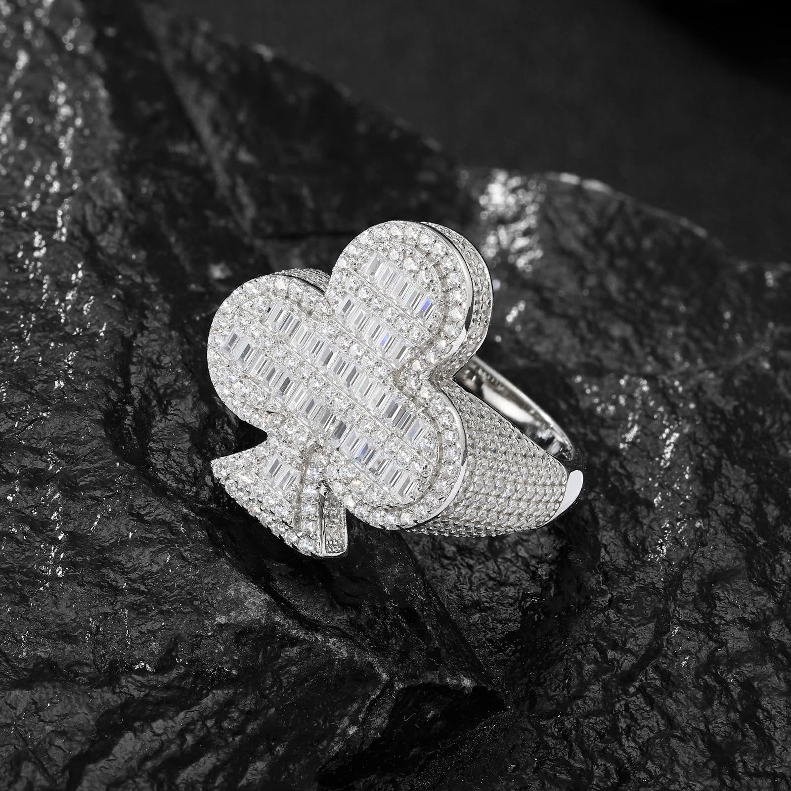 S925 Baguette Moissanite Plum Blossom Ring