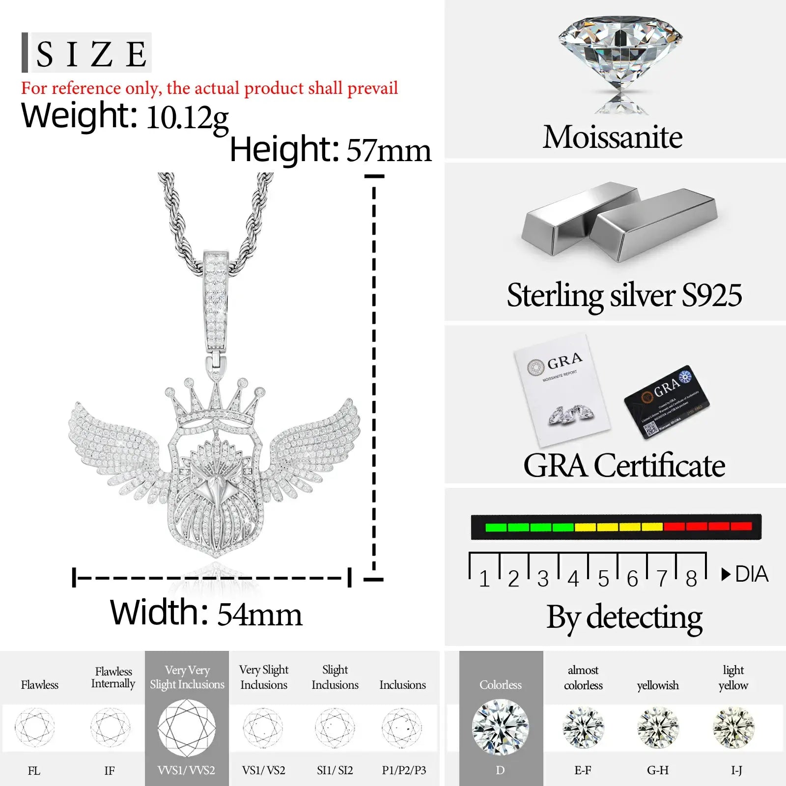 S925 Moissanite Crown Bald Eagle Pendant