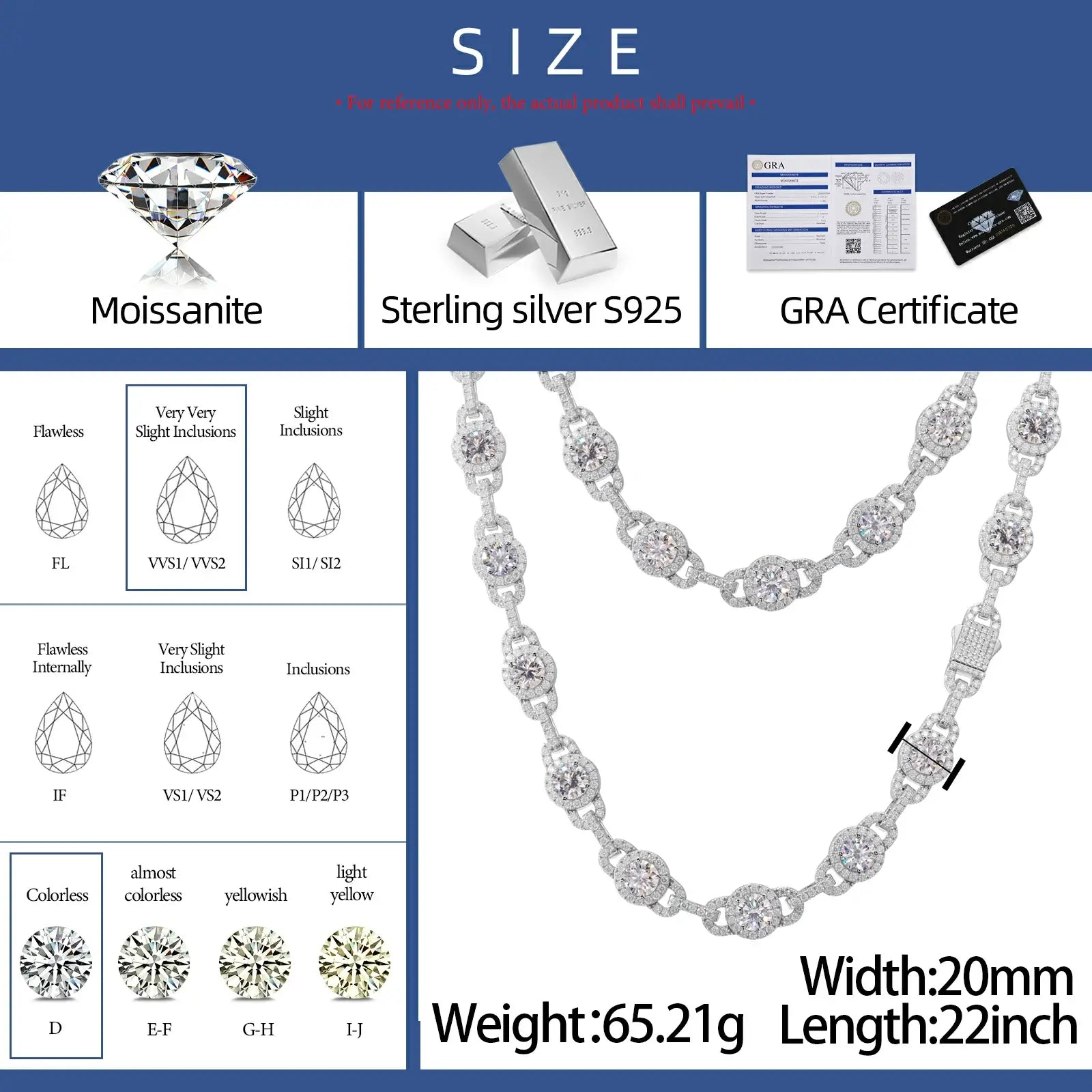 S925 Moissanite Halo Link Tennis Chain