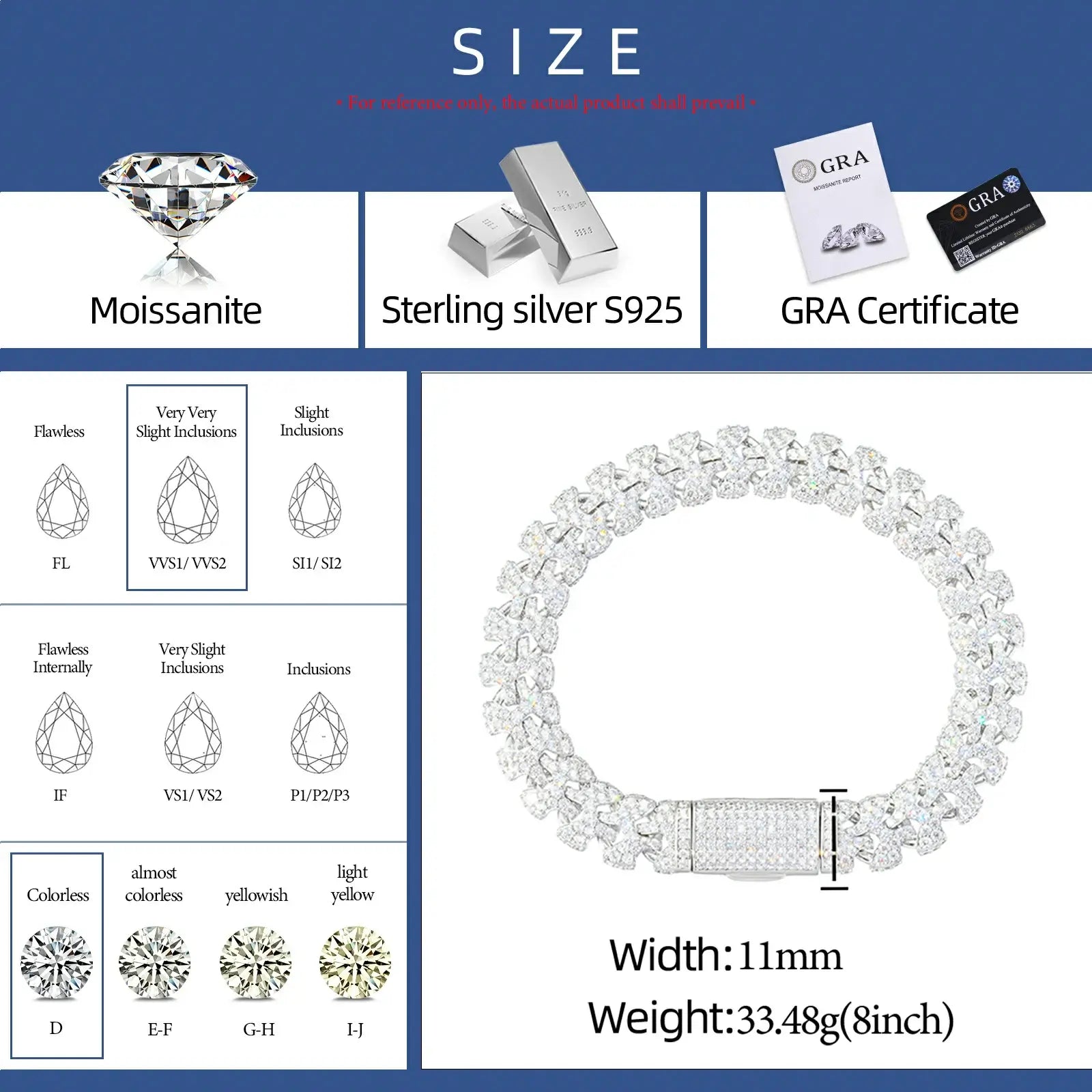 11mm S925 Moissanite Letter H Cuban Link Bracelet