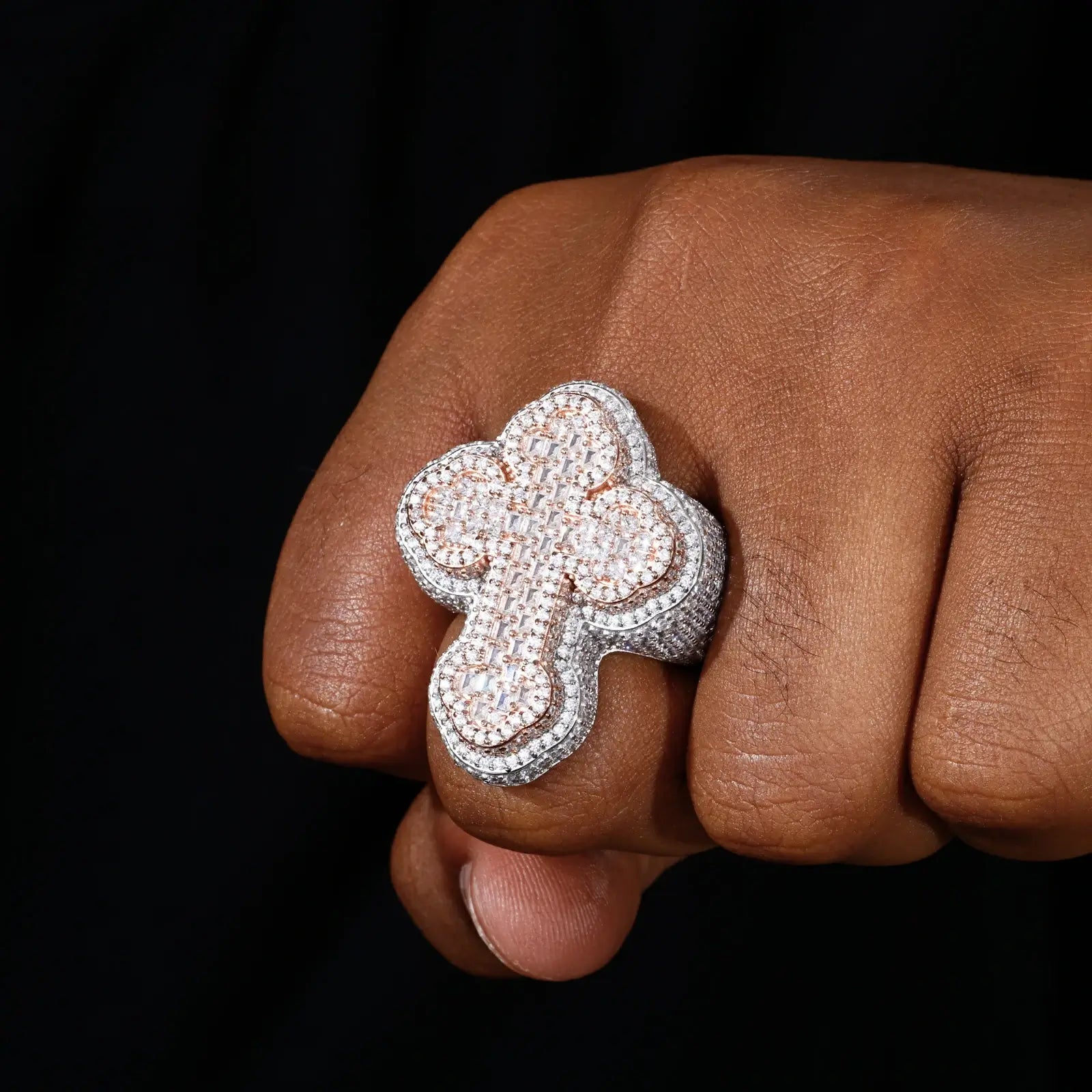 S925 Baguette Moissanite 2 Tone Cross Ring
