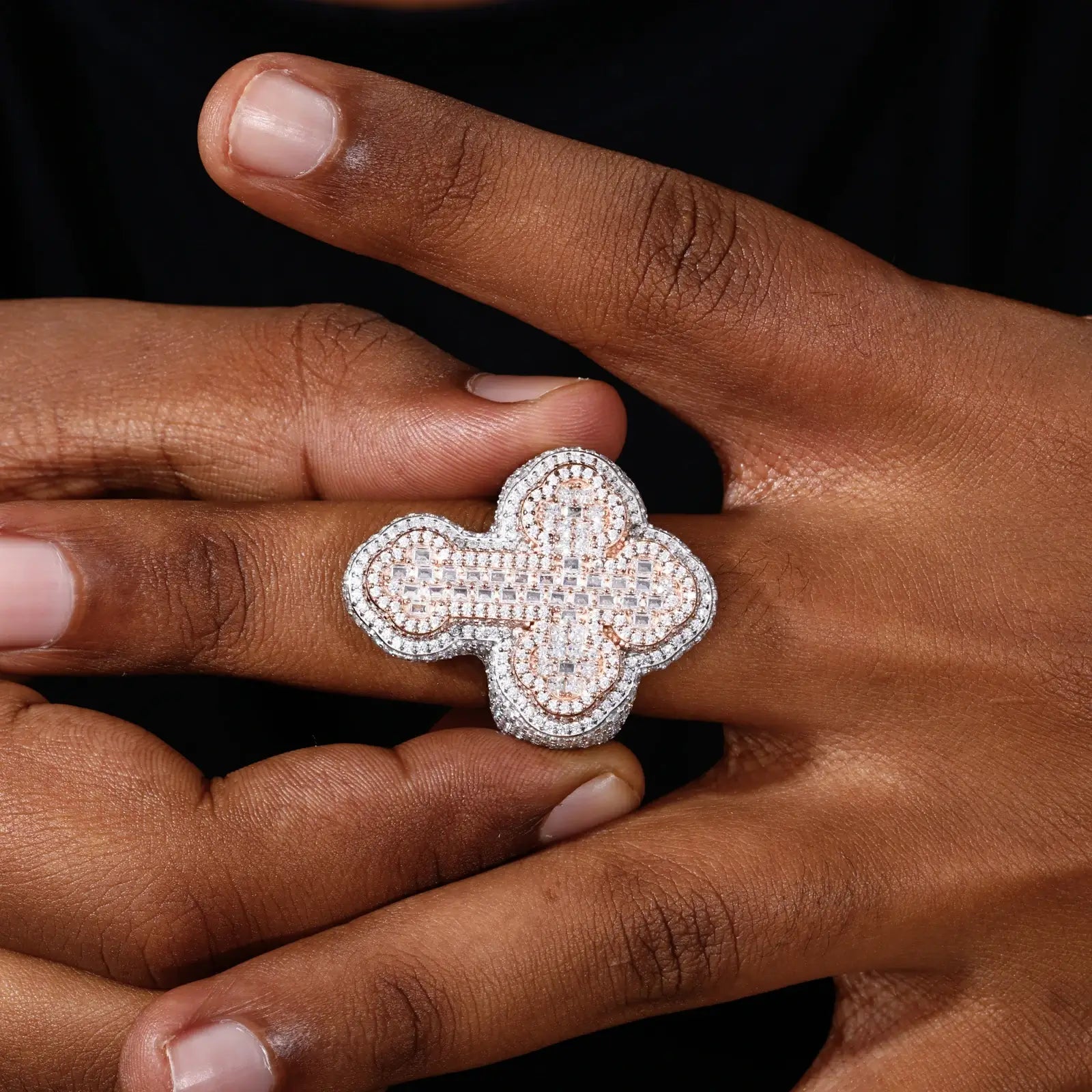 S925 Baguette Moissanite 2 Tone Cross Ring